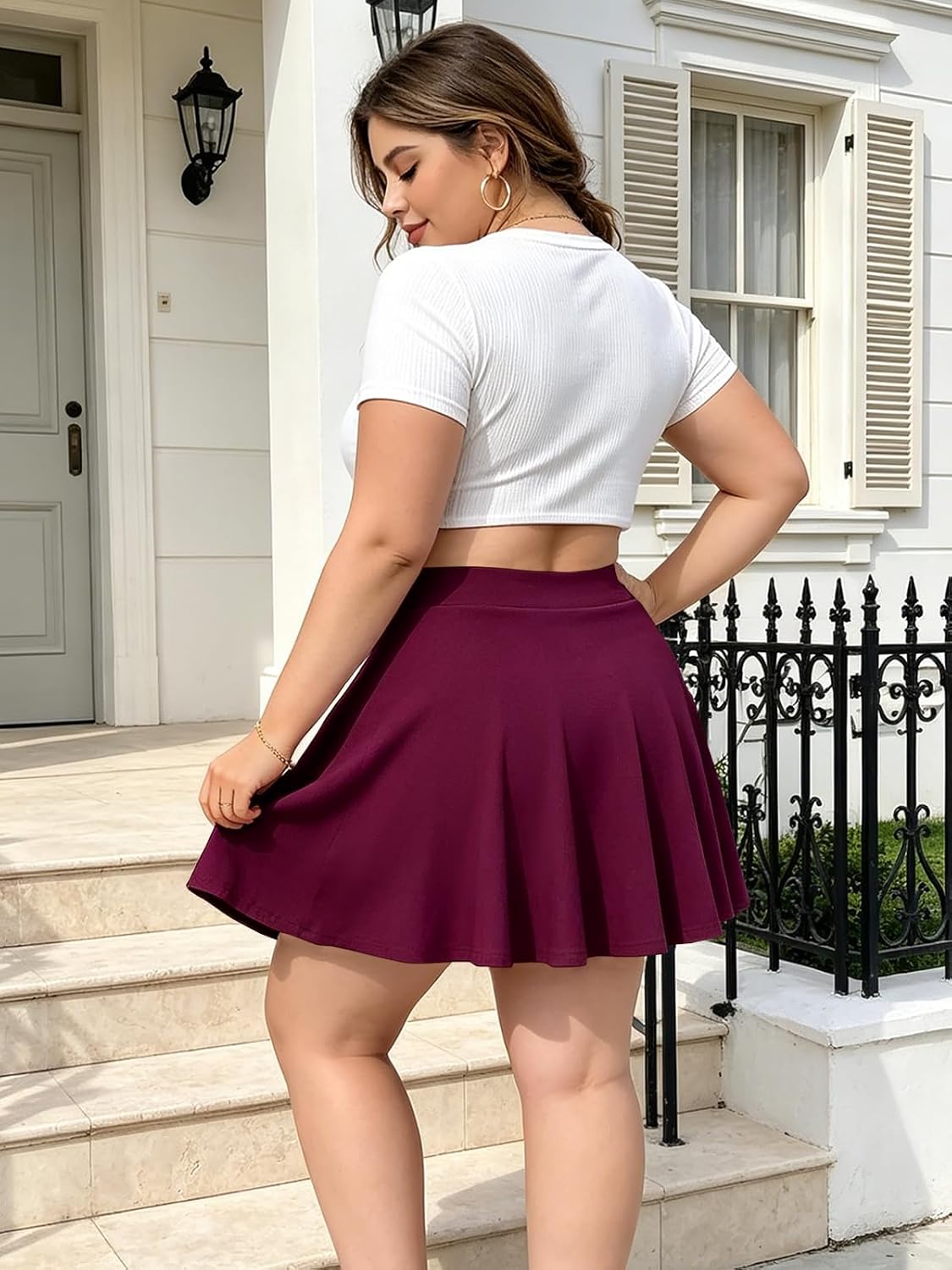 Moon Wood Women's Plus Size Skater Skirt High Waist A-line Flared Casual Mini Skirt with Shorts