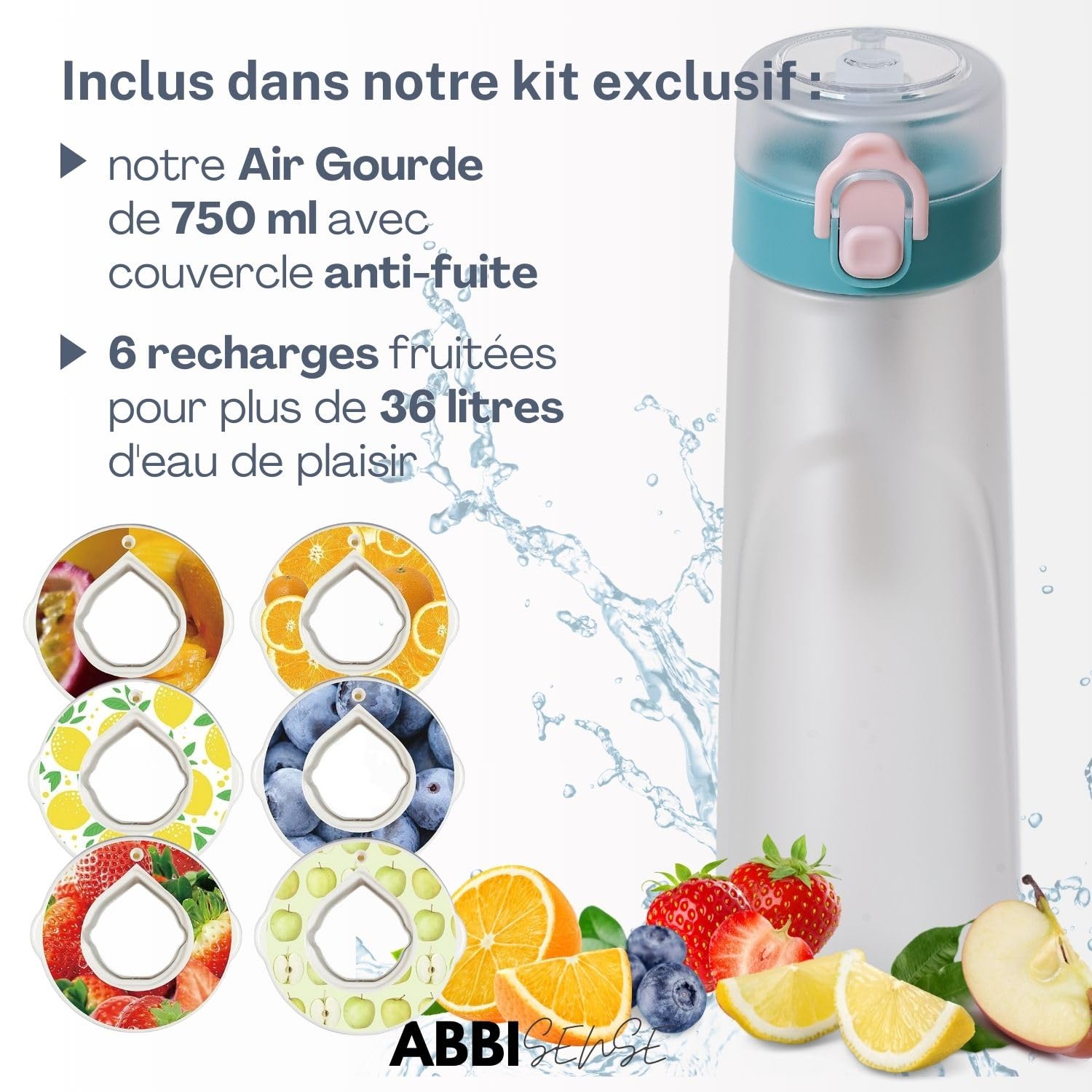 Air Gourde ABBISENSE Bouteille en Tritan sans BPA 750 ml | 6 dosettes saveurs fruits incluses | Couvercle anti-fuite et paille ergonomique, ideale pour adultes et enfants | Eau sans sucre