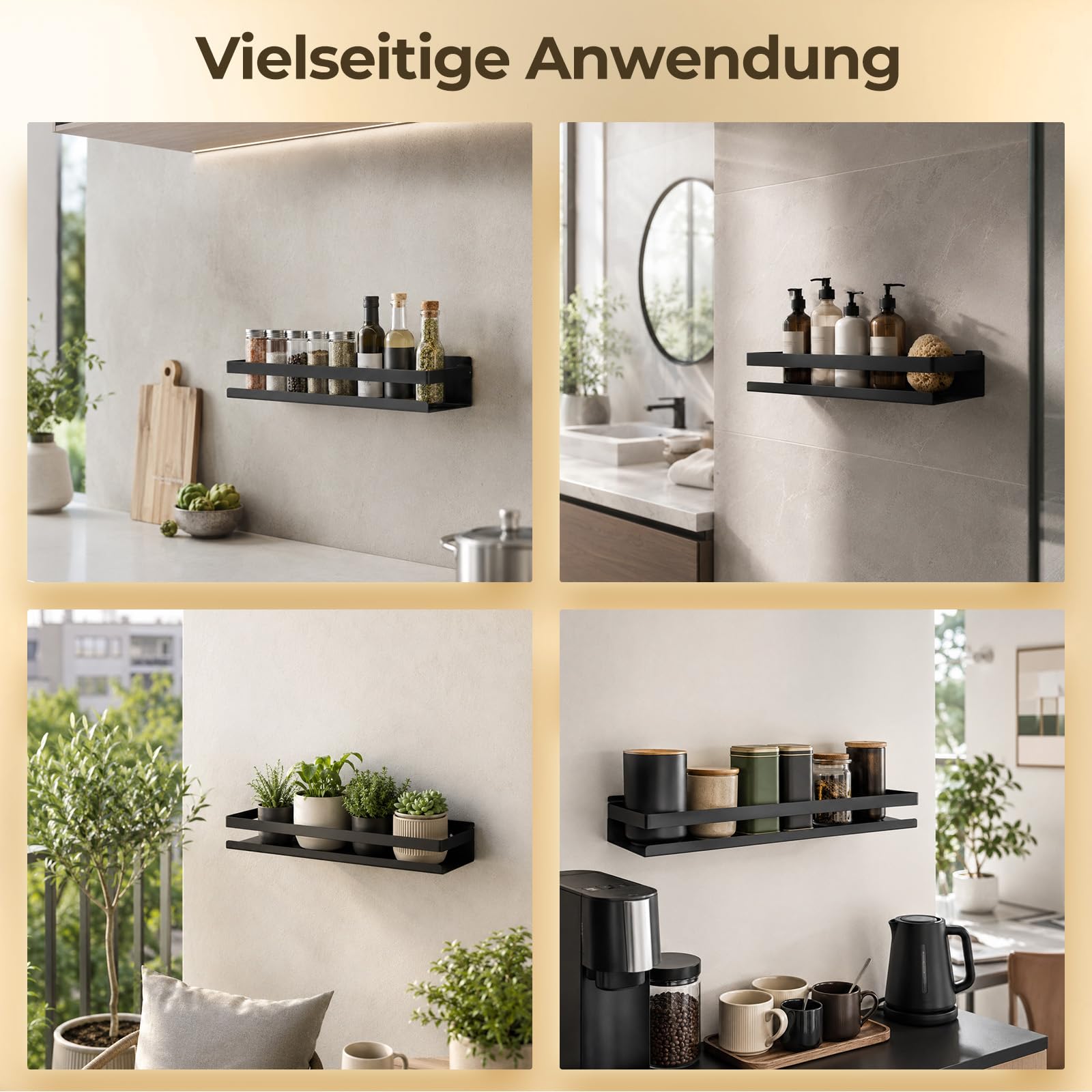 2 Stück Gewürze Rack, 15,7 x 3,9 x 2,3 in Wandhalter, SUS 304 Edelstahl Keine Bohrer Gewürze Racks, rostdichtes schwarzes Metallregal für Küche Badezimmer Wohnzimmer Balkon Organizer