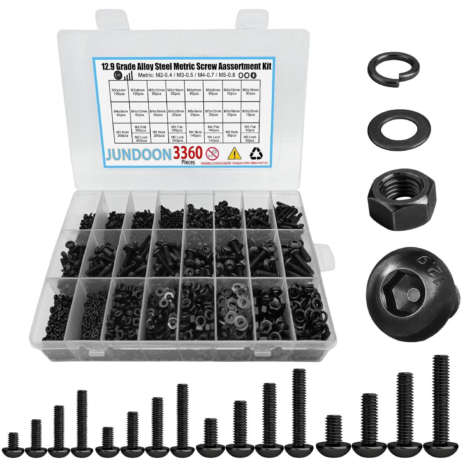 3360PCS Metric Screw Assortment Kit, M2 M3 M4 M5 Hex Button Head Cap Screws, 12.9 Grade Alloy Steel Bolts with Nuts, Flat Washers & Lock Washers Set