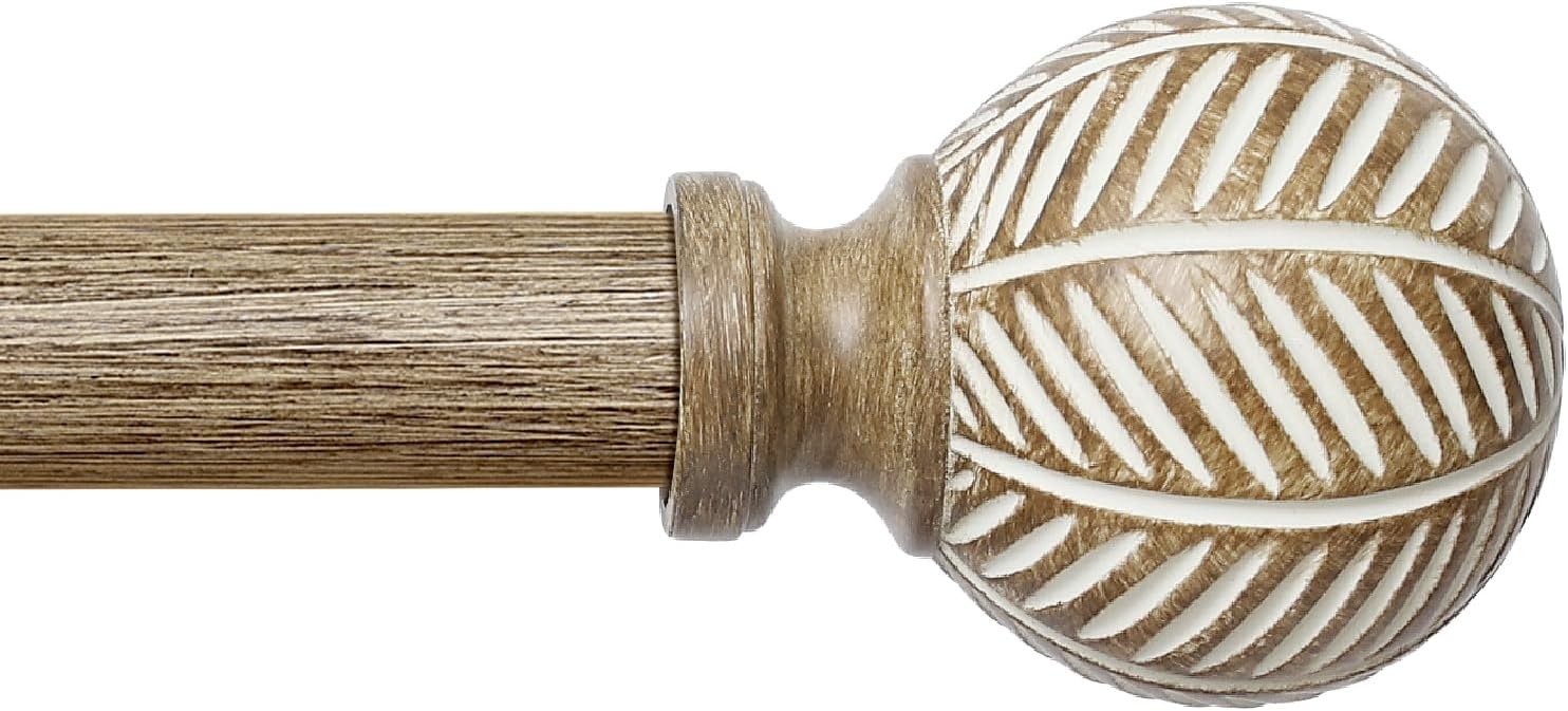 Wood Curtain Rods for Windows: 1 Inch Adjustable Heavy Duty Curtain Rod 72" to 144" with Imitation Wood Grain Leaf Pattern Finials,Boho Rustic Decorative Drapery Rods