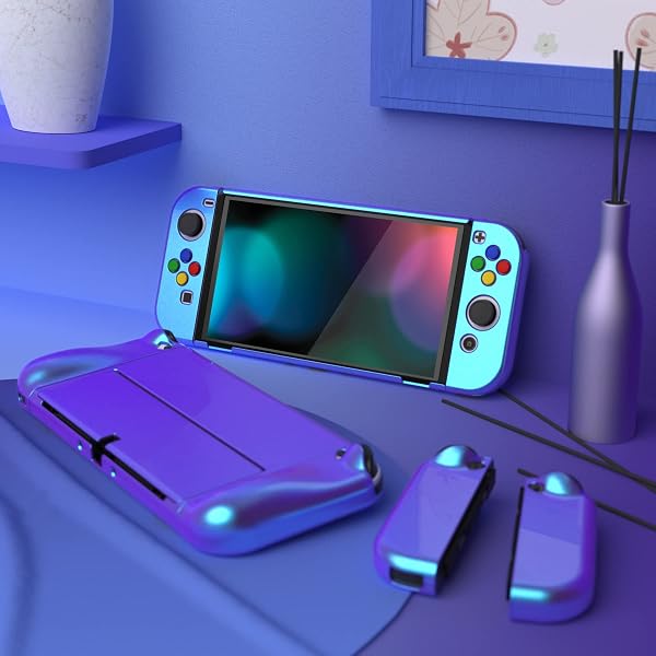playvital Coque pour Switch OLED,Cover Joycon pour Nintendo Switch OLED Housse de Protection avec Capuchon Joystick & AlterGrips Boutons-Caméléon Bleu Violet - 4