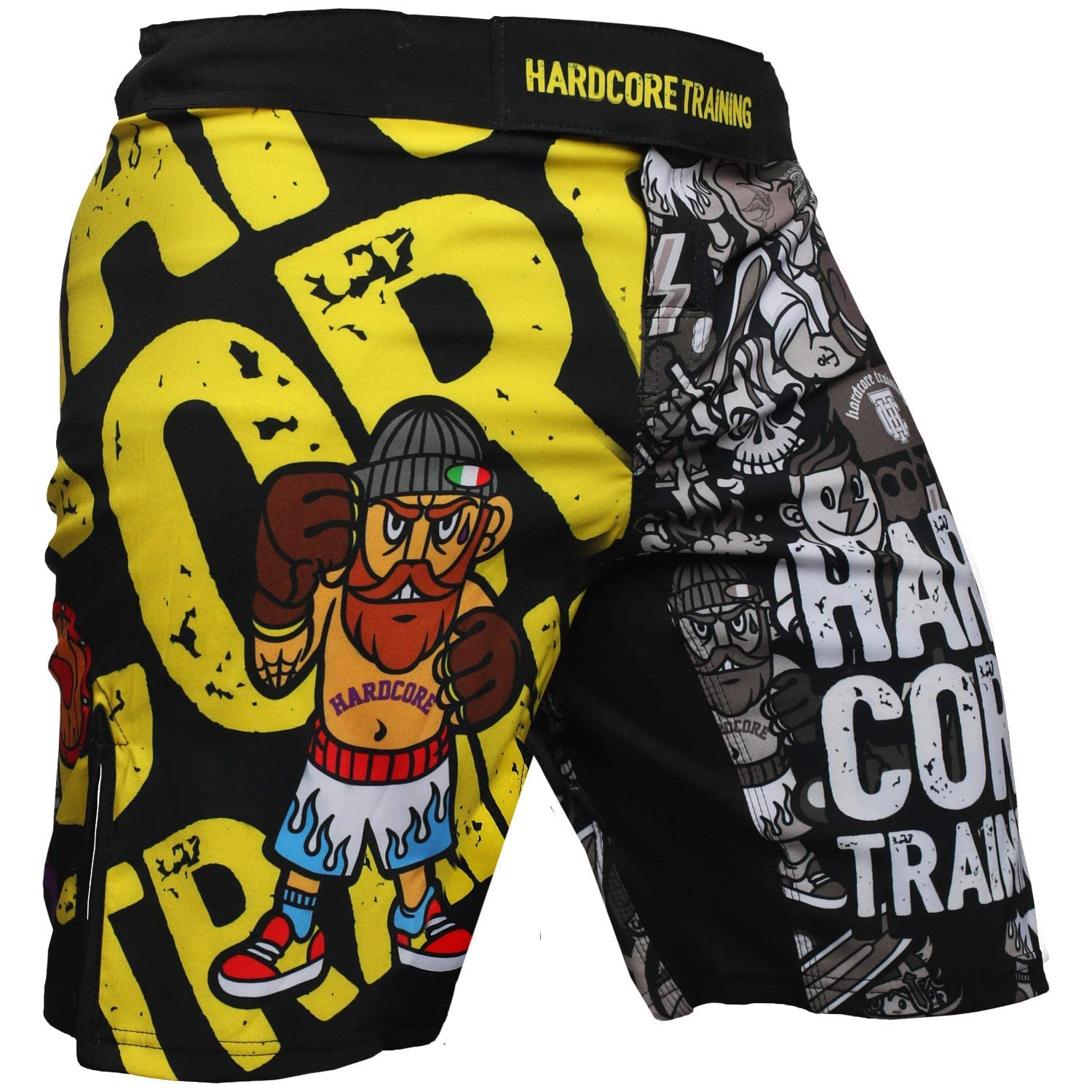 Hardcore Training Fight Shorts Boks Męski Szorty do Walki MMA Combat BJJ Grappling Fitness Muay Thai Kickboxing No Gi (DE/NL/SE/PL, Alfa, 5XL, Regularny, Regularny, Czarny Żółty)