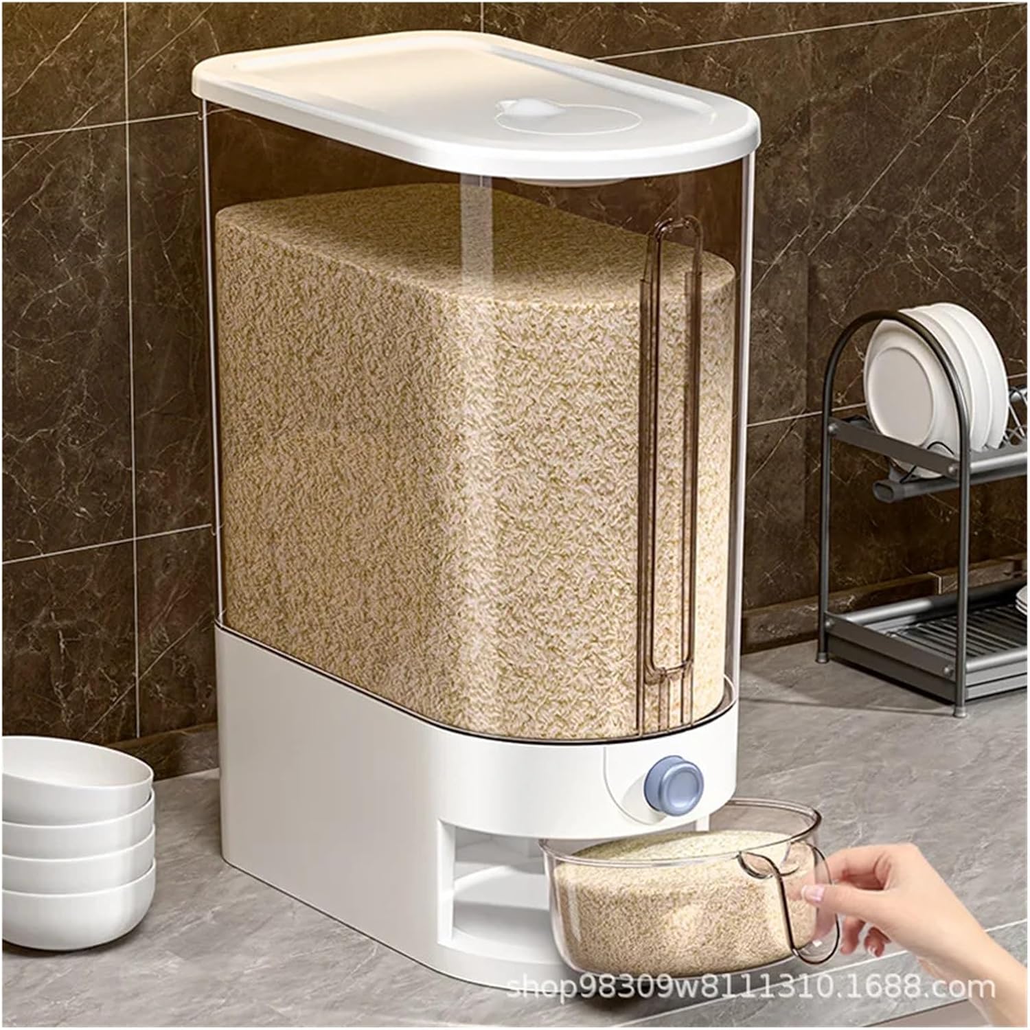 Rice Bucket For Household Use, Moisture-proof, Sealed Storage Container, High-end Press Tank(WHITE,10 pound rice bucket)