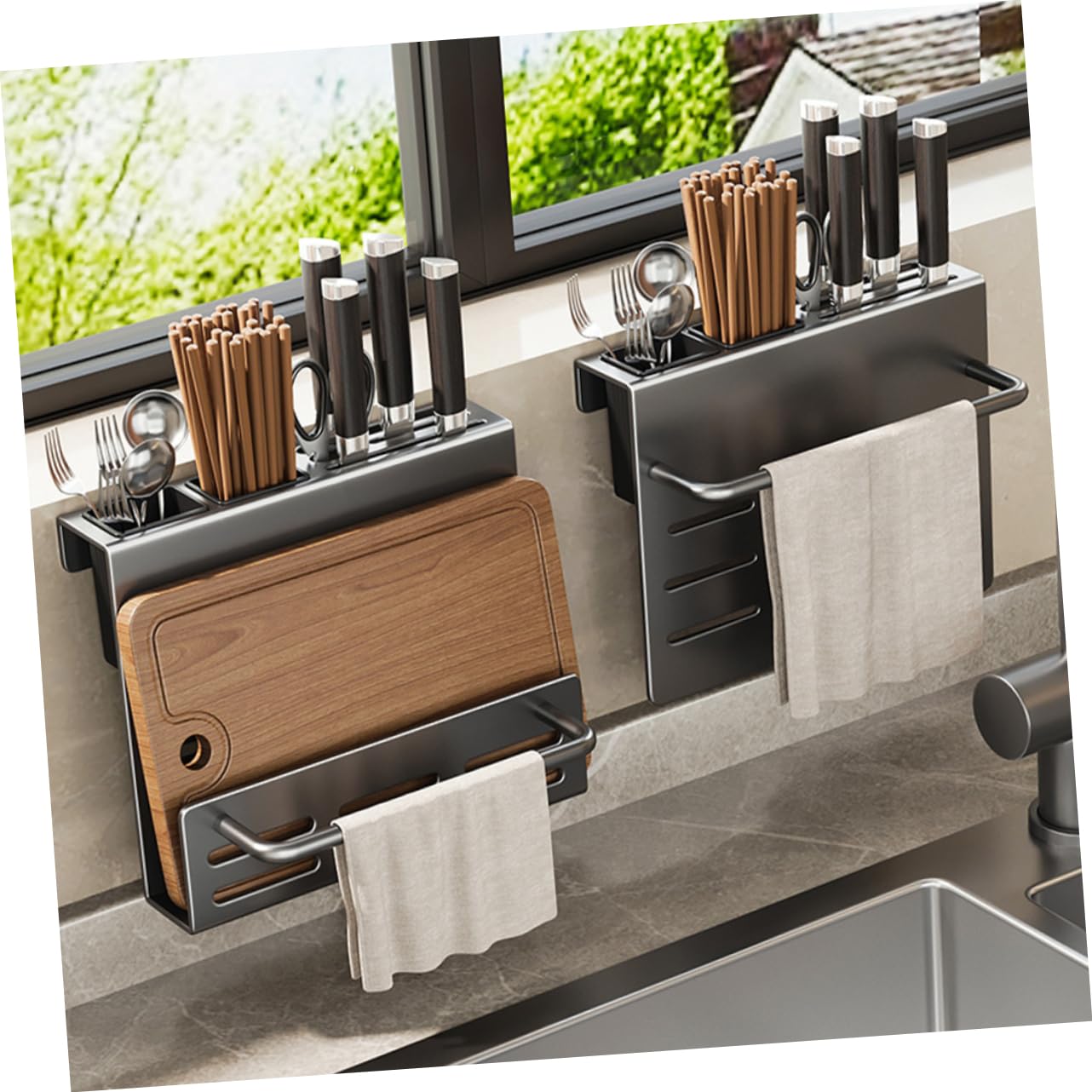 Cabilock Porte-Couverts Mural Multifonction A8 en Acier au Carbone Gris | Égouttage Intégré, Résistant à Rouille Rayures, pour Baguettes, Fourchettes, la Cuisine Domestique
