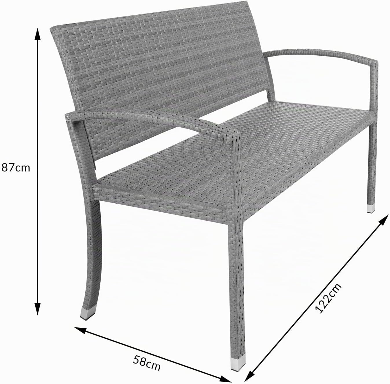 Diagram showing the dimensions of the Casaria Polyrattan Garden Bench: 87cm height, 122cm width, 58cm depth.