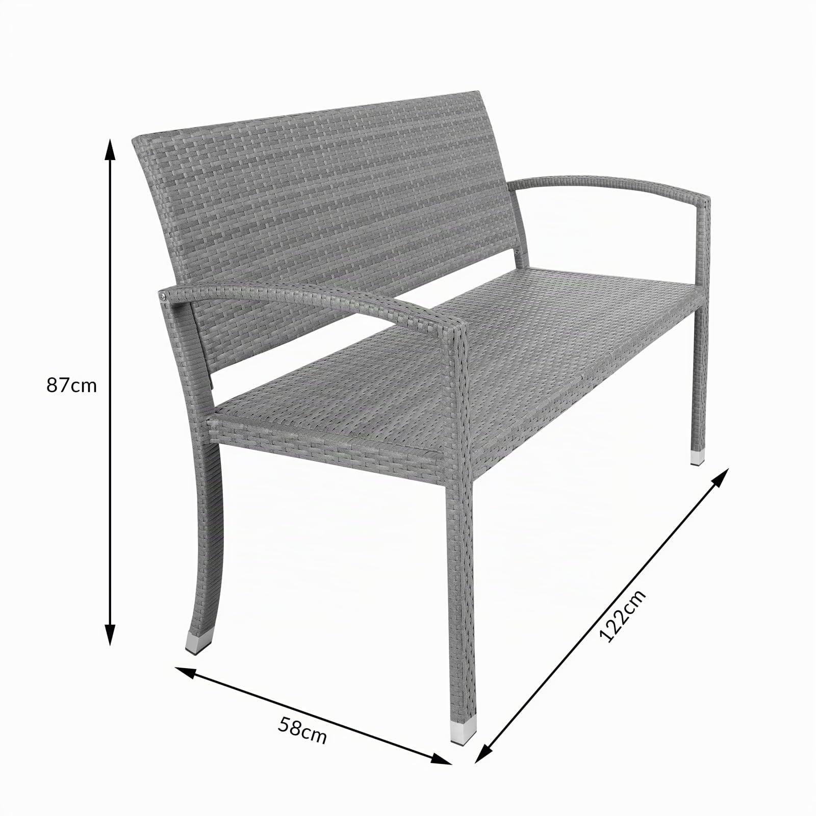 CASARIA® Banco Terraza Exterior 2 Asientos Mueble Poliratán Jardín Carga hasta 320Kg Resistente Intemperie 122x58x87cm Gris
