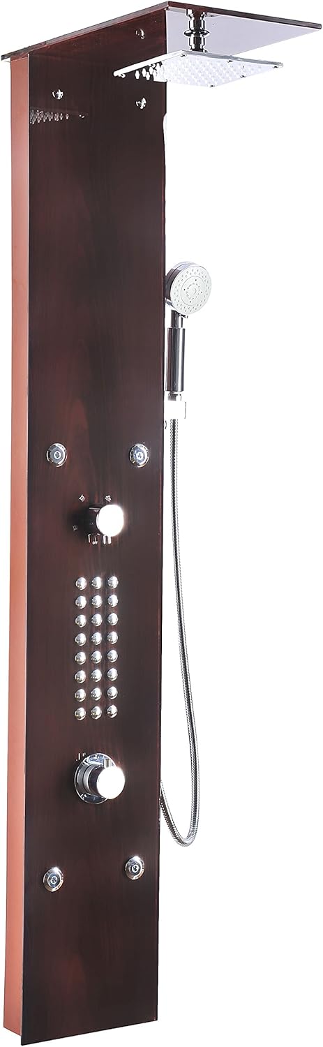 ANZZI Shower Panel 61", Body Massage, 28-Jetted Shower Panel System with Heavy Rain Shower and Spray Wand in Mahogany Style Deco Glass, Rainfall Waterfall Tower System with Handheld Shower (SP-AZ016)