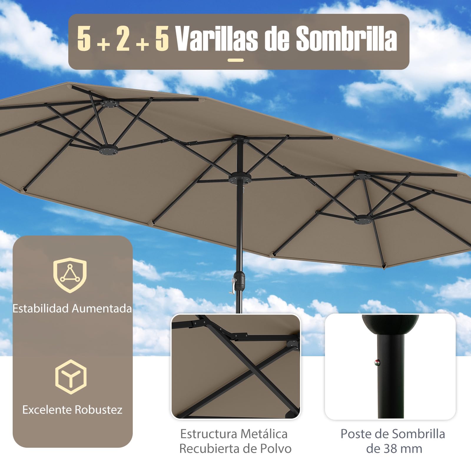 RELAX4LIFE Sombrilla Doble 400 x 210 cm con Base, Manivela, 12 Costillas y 2 Sacos de Arena de Carga 30kg, Sombrilla Terraza Exterior con Protección UV para Jardín, Terraza y Mercado