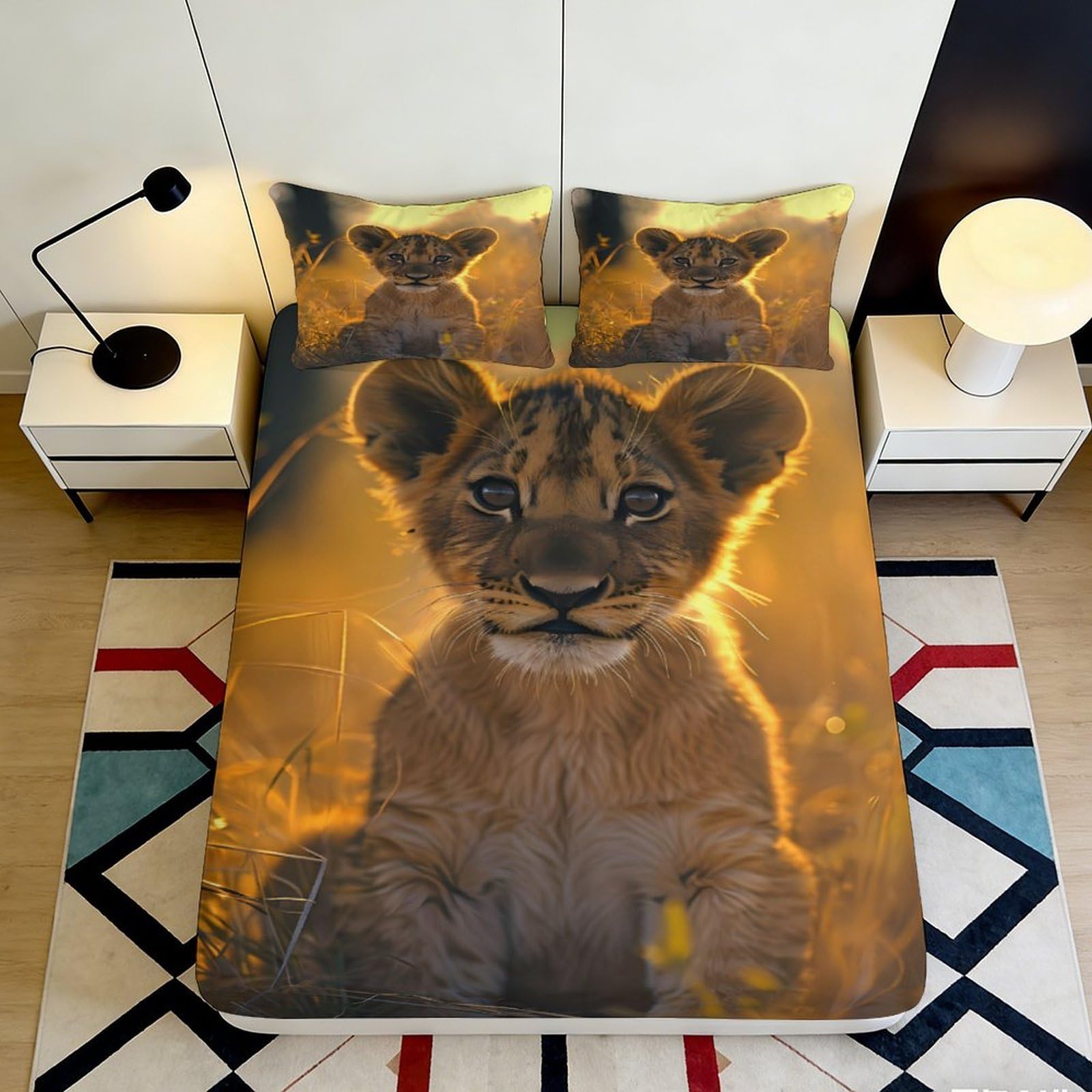 3D Printed Lion Cub Fitted Sheet Microfiber Soft Anti-Slip African Sunset Mattress Cover Bedroom Dorm Decor 90x200x25cm