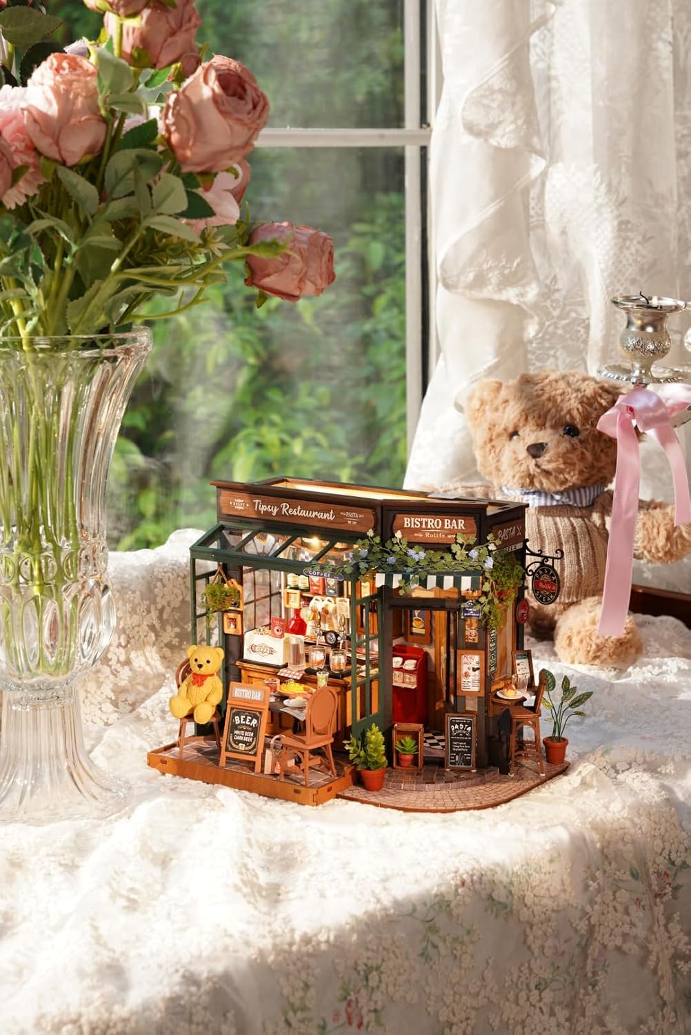 Rowood Miniature House Kits for Adults,Mother's Day DIY Mini House Building Kit,Wooden Dollhouse Kit with LED for Adults Beginners as Birthday (Tipsy Restaurant)