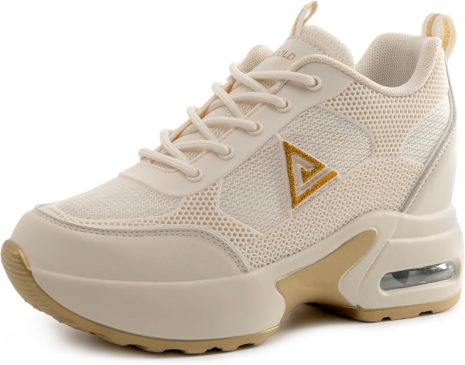AONEGOLD Women's Wedge Sneakers Inner Heightening Walking Shoes Fashion Breathable Lightweight Air Cushion Casual Sneakers(Beige Gold,Size 8.5)