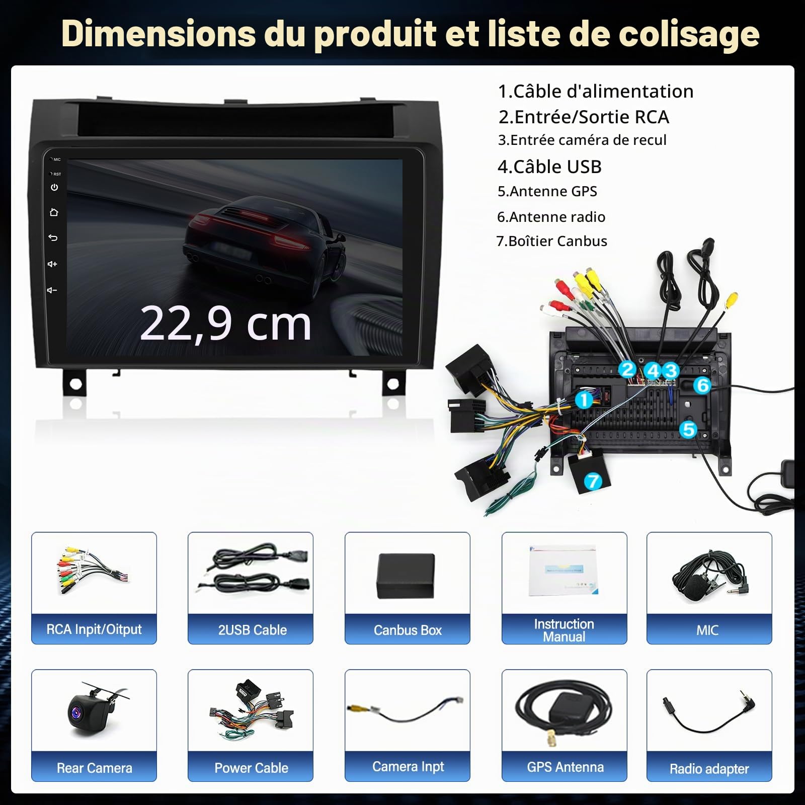 4+64G Android 14 Autoradio Compatible avec Mercedes Benz SLK (2004-2011) avec CarPlay Android Auto Navigation GPS 9 Pouces 2 DIN Radio avec Wi-FI Bluetooth Caméra AHD et Microphone