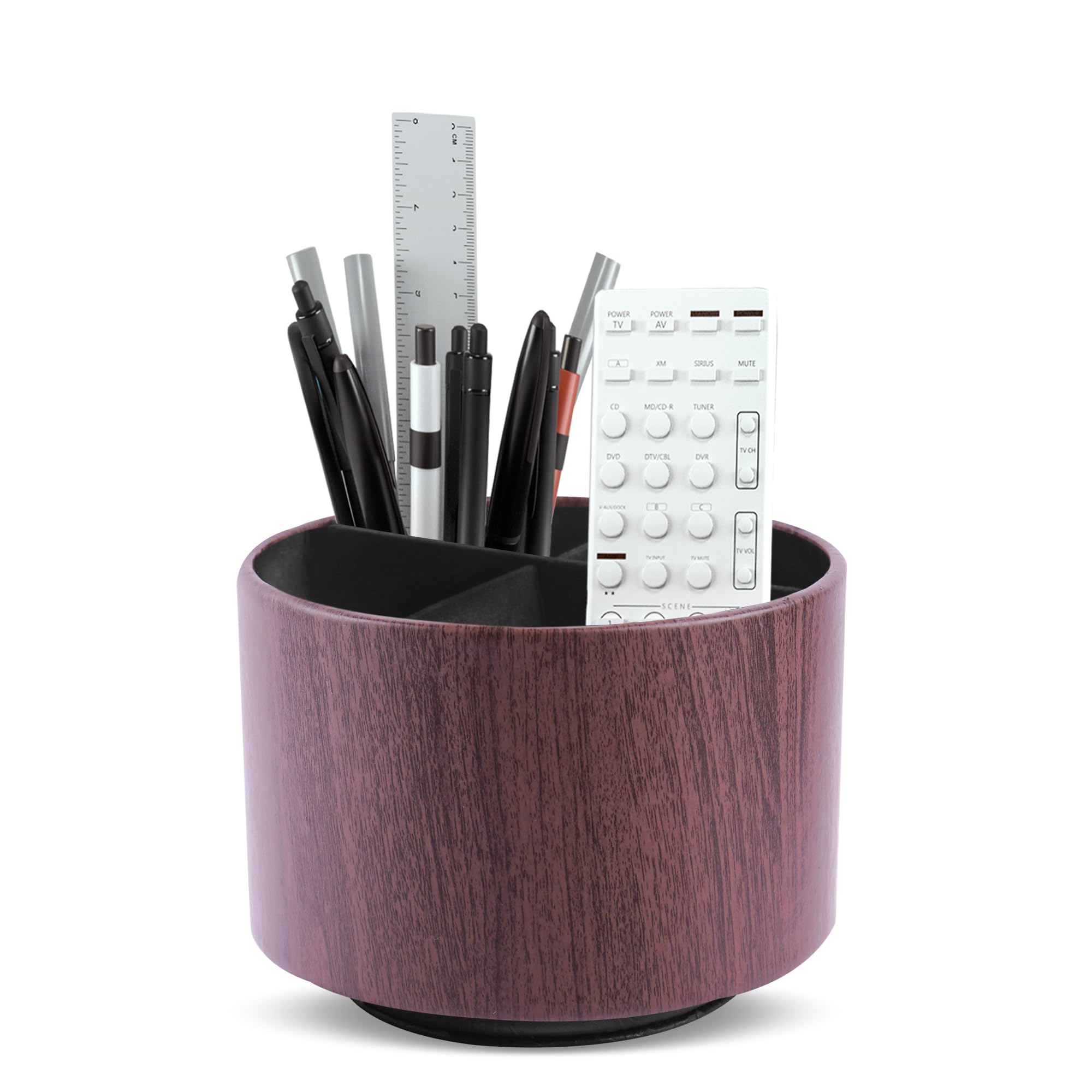 Czzmy Remote Control Holder, 360°Spinning PU Leather Desk TV Remote Caddy,Desk Storage Box Room Accessories for Controller, Media,Mail,Calculator, Mobile Phone,Pencil(1-Thin Wood Brown)