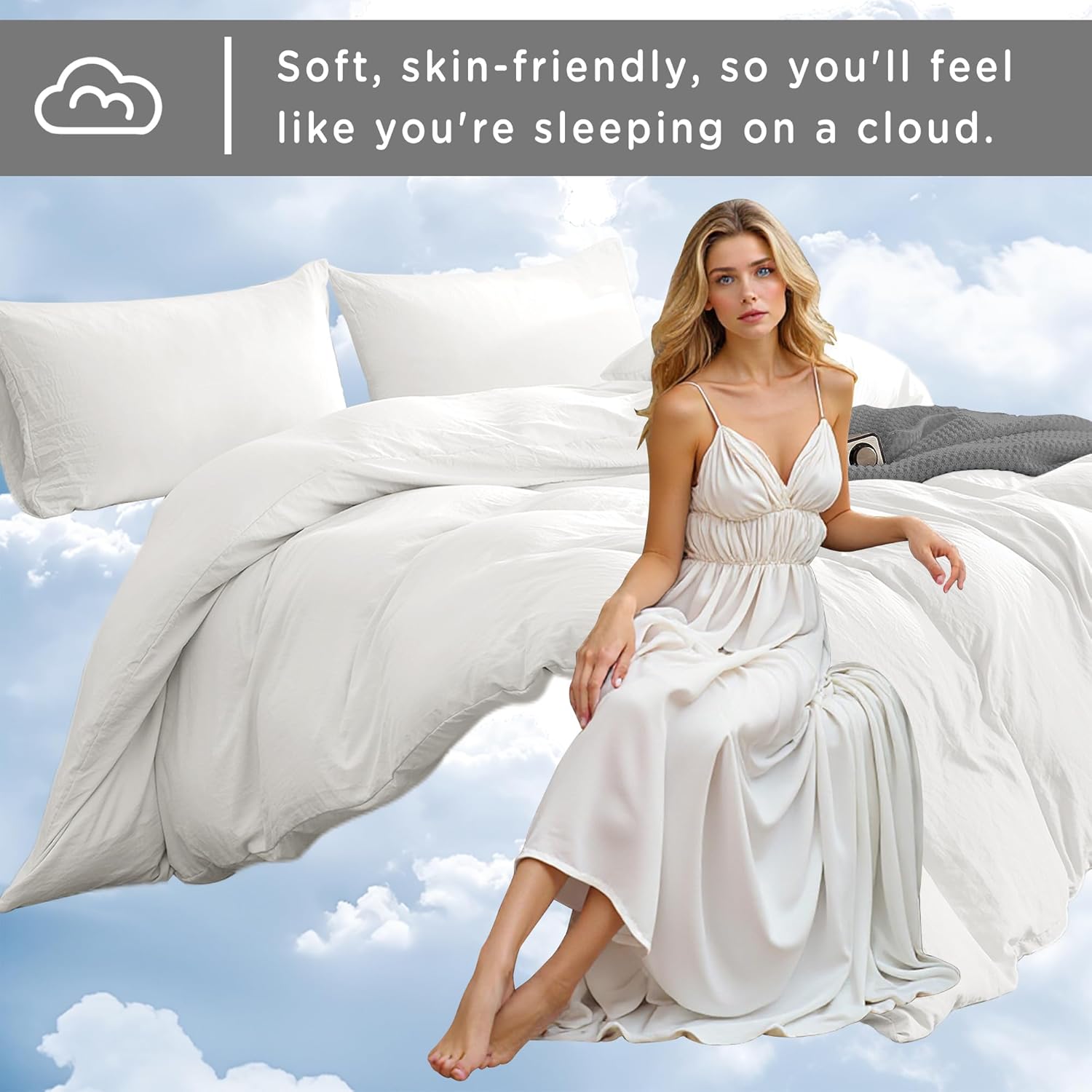 TOCOMOA Duvet Cover Queen Size, 3 Pieces 100% Washed Microfiber Off White Comforter Cover, Super Soft and Breathable Duvet Cover 90 x 90 Inches with Zipper Closure