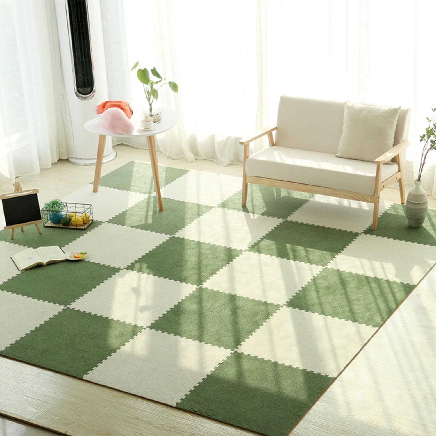 12x12in Square Interlocking Fluffy Flooring Tiles Mat,12PCS Anti-Slip Washable Fuzzy Soft Puzzle Foam Carpet Tiles,Split Joint Climbing Rug Mats(Color:Beige + Light Green + Dark Green)