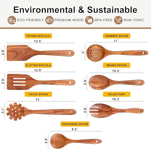 Miniatura 4 de Juego de 7 utensilios de cocina de madera de teca, herramientas de cocina no tóxicas sin BPA con espátula, espátulas ranuradas, cucharas