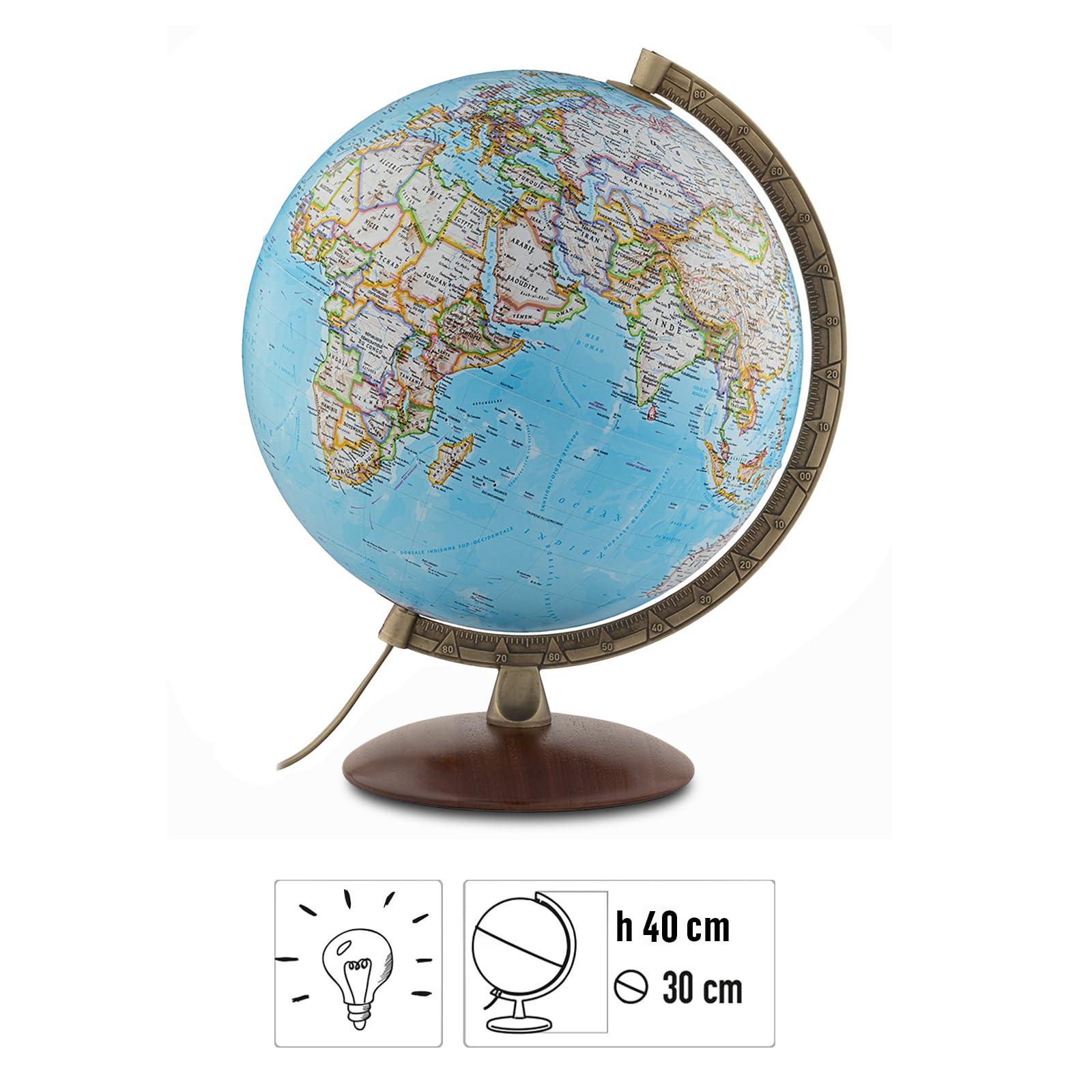 Globe terrestre National Geographic Edge Classic 30 cm lumineux cartographie physique politique socle bois méridien métal français