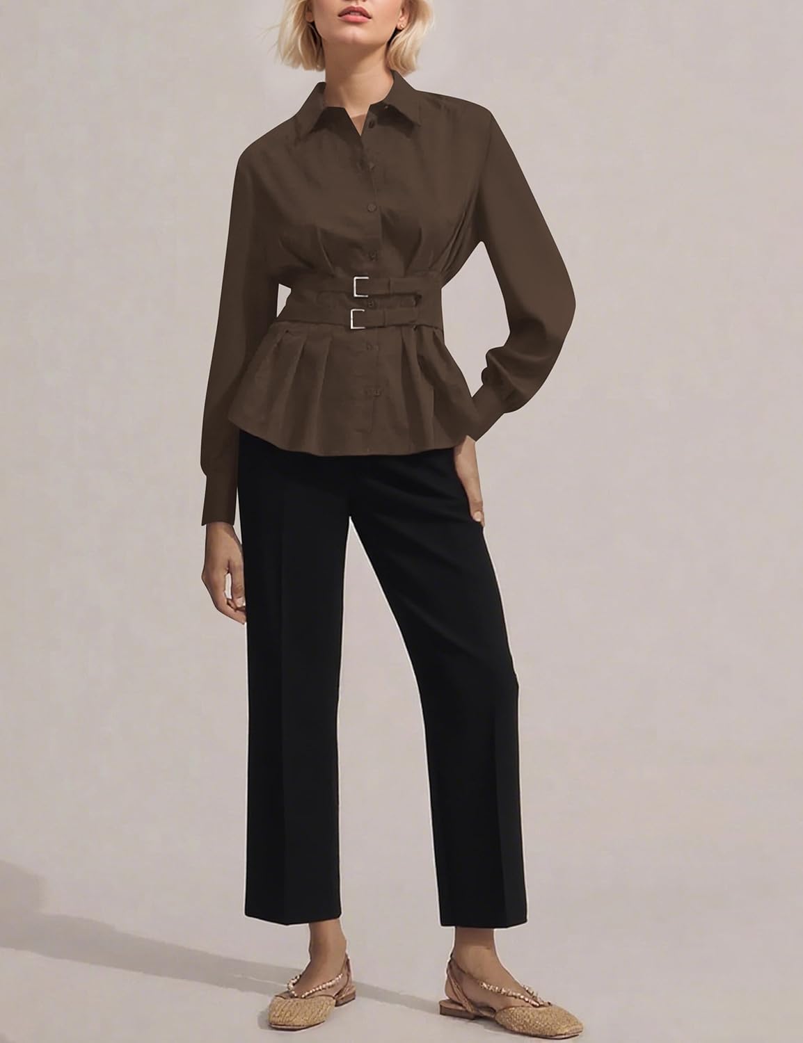 Women Long Sleeve Button Down Shirts Double Buckle Cinched Waist Lapel Collar Blouse Pleated Back Peplum Tunic Top - Image 4