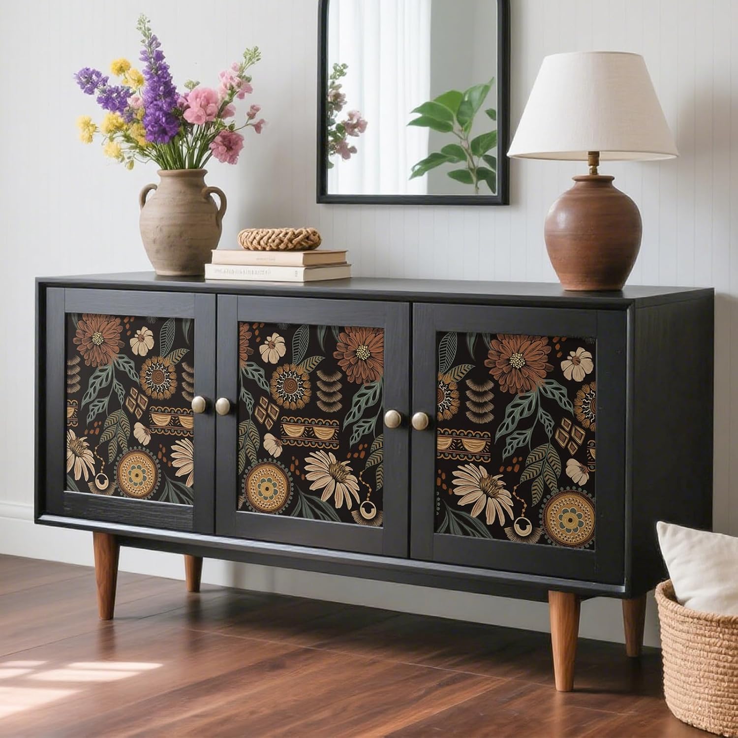 VEELIKE Boho Floral Peel and Stick Wallpaper Vintage Dark Floral Wallpaper for Bedroom Bathroom Accent Wall 17.7''x118'' Self Adhesive Contact Paper Removable Flower Wall Paper Mural for Living Room