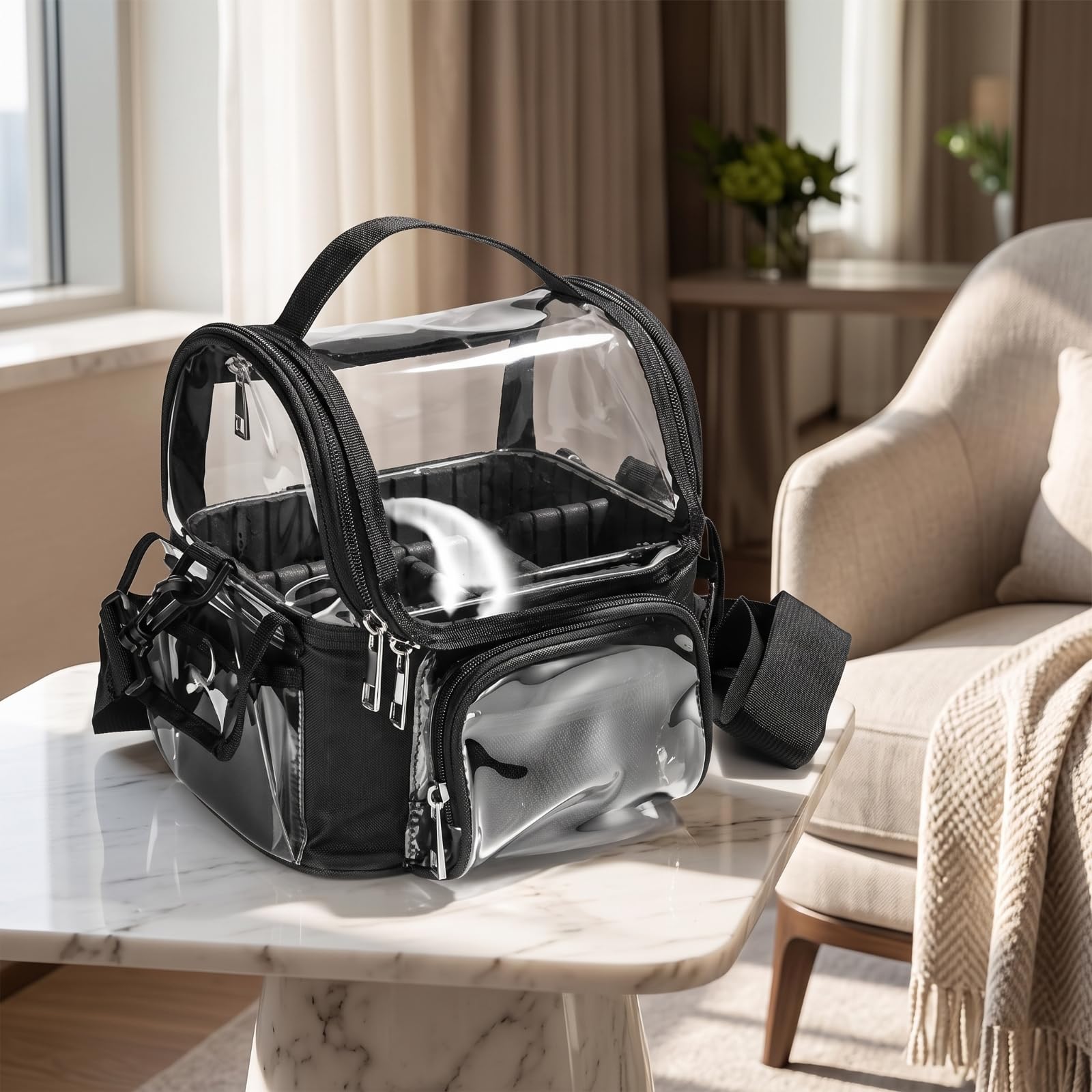 Trousse de Maquillage Organisateur Étui Cosmétique Pochette Transparente Sac de Toilette avec Poignée Confortable et Sangle Réglable pour Transport
