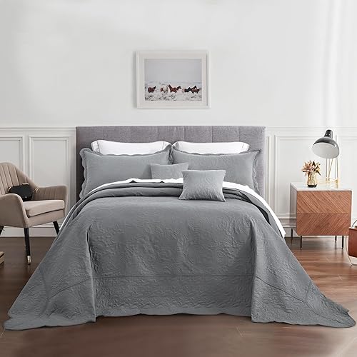 Colcha extragrande tamaño King, funda de cama ligera ultrasónica, patrón de cachemira, reversible, 5 piezas, 100% microfibra, KingCal King, gris