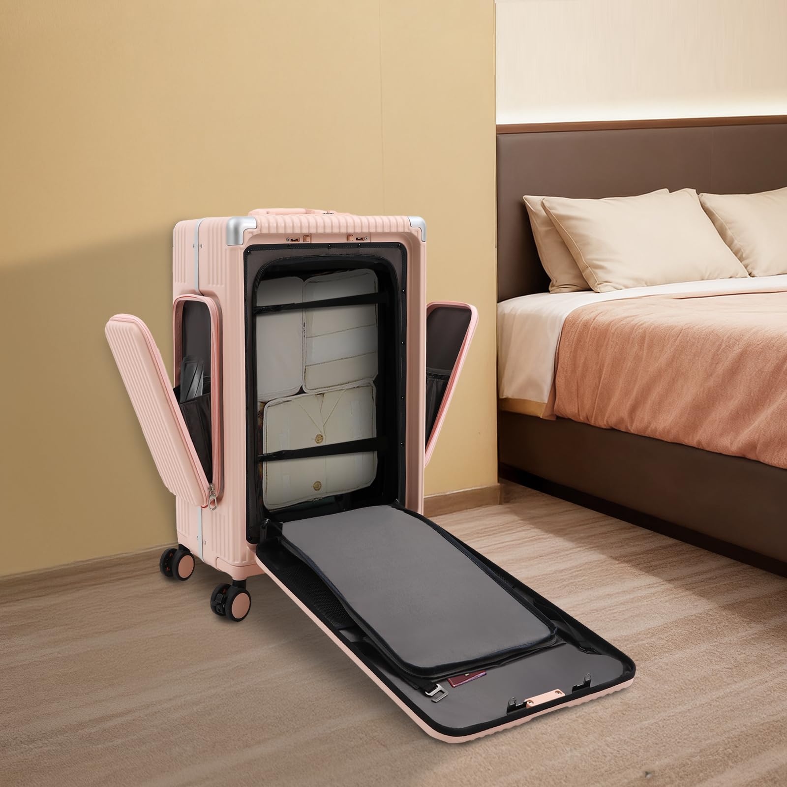 Twarda obudowa, 61 cm, walizka podróżna, ze stopu aluminium, zamek szyfrowy, 4 bezgłośne kółka, złącze USB, ochrona narożników, uchwyt na napoje, na podróż służbową, urlop, wycieczkę szkolną