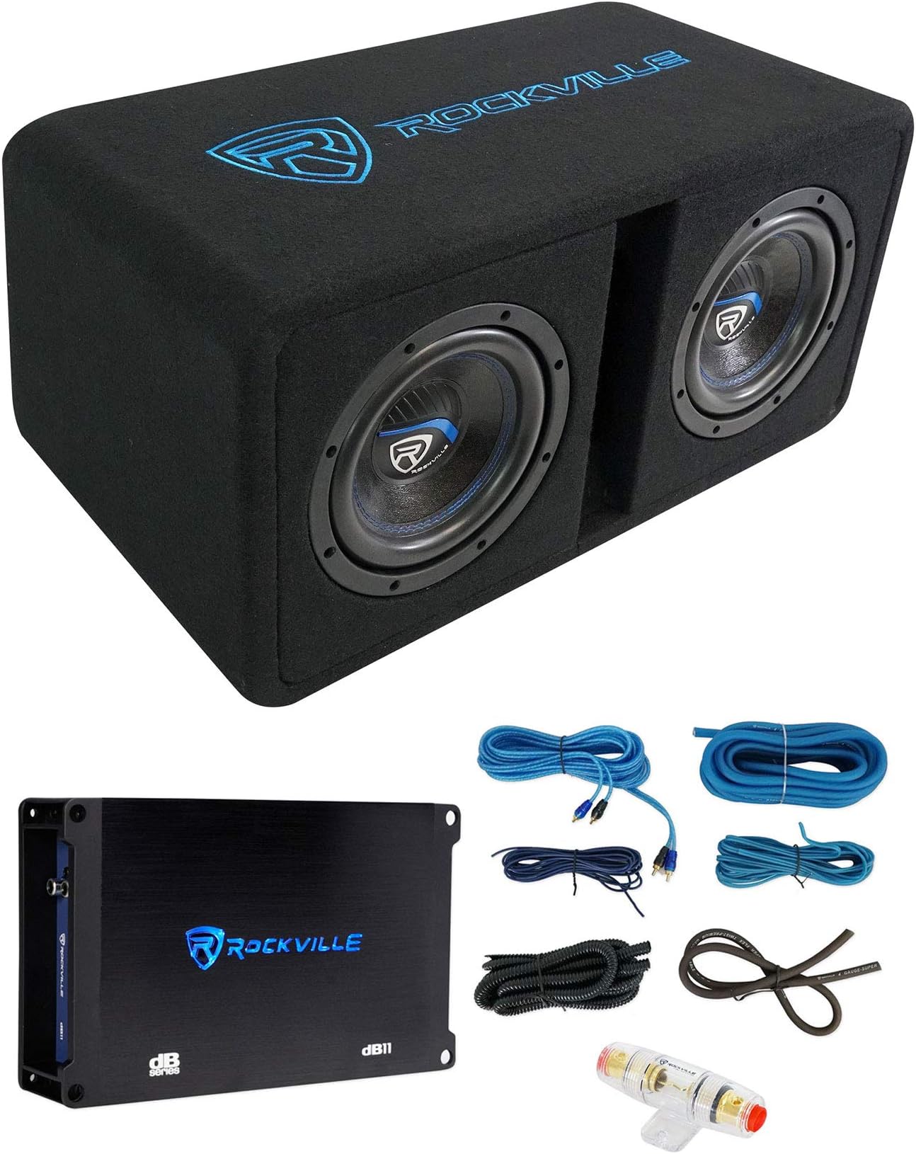 Rockville DK58 PACKAGE Dual 8" 1600w Loaded K5 Car Subwoofer Enclosure+DB11 Amp, Black