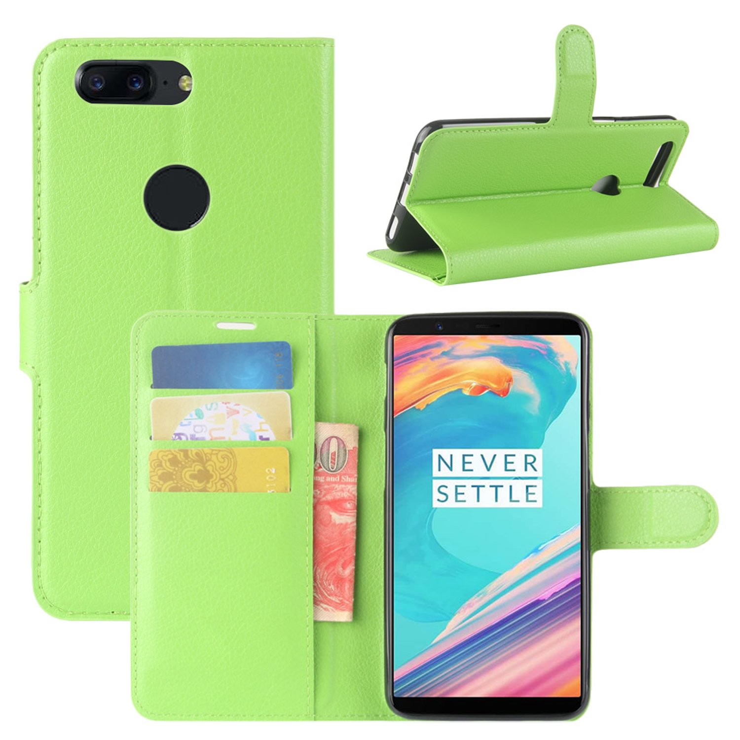 HualuBro OnePlus 5T Case, [All Around Protection] Premium PU Leather Wallet Flip Phone Protective Case Cover with Card Slots for OnePlus 5T Smartphone (Green)