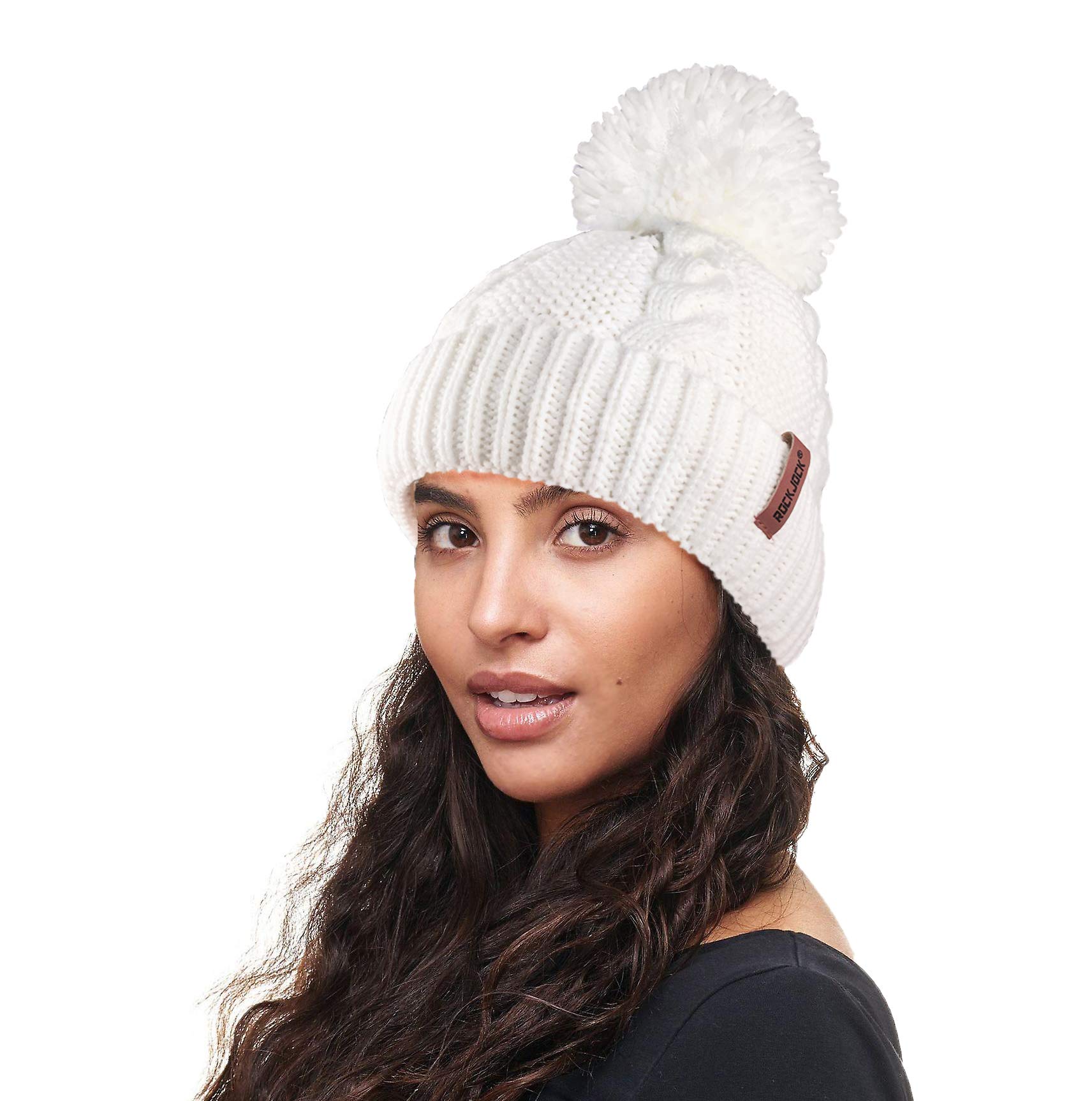 Rockjock Off-White R80 Warm Chunky Cable Knit Pom Pom Hat With Thermal Insulating Teddy Fleece Liner-Cream