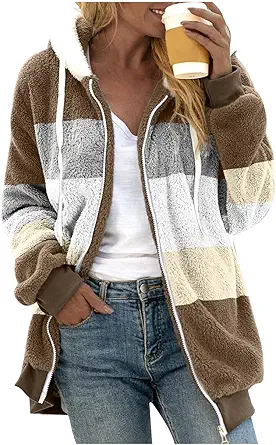 Fuzzy Fleece Jackets for Women Plus Size Hoodies Fall Winter Coats Color Block Patchwork Cardigan Coat with Pockets