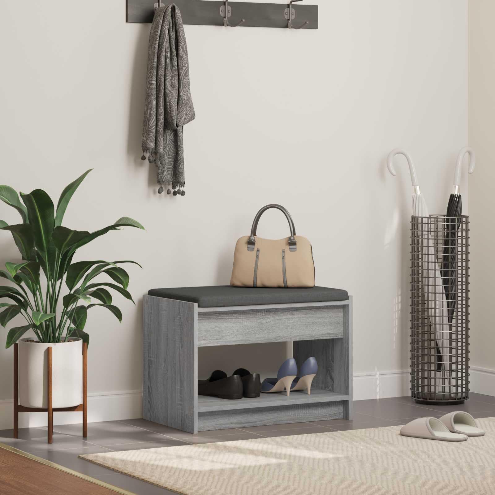 Banco de pasillo Sonoma gris de 63 cm con cojín acolchado y estante de almacenamiento para entrada