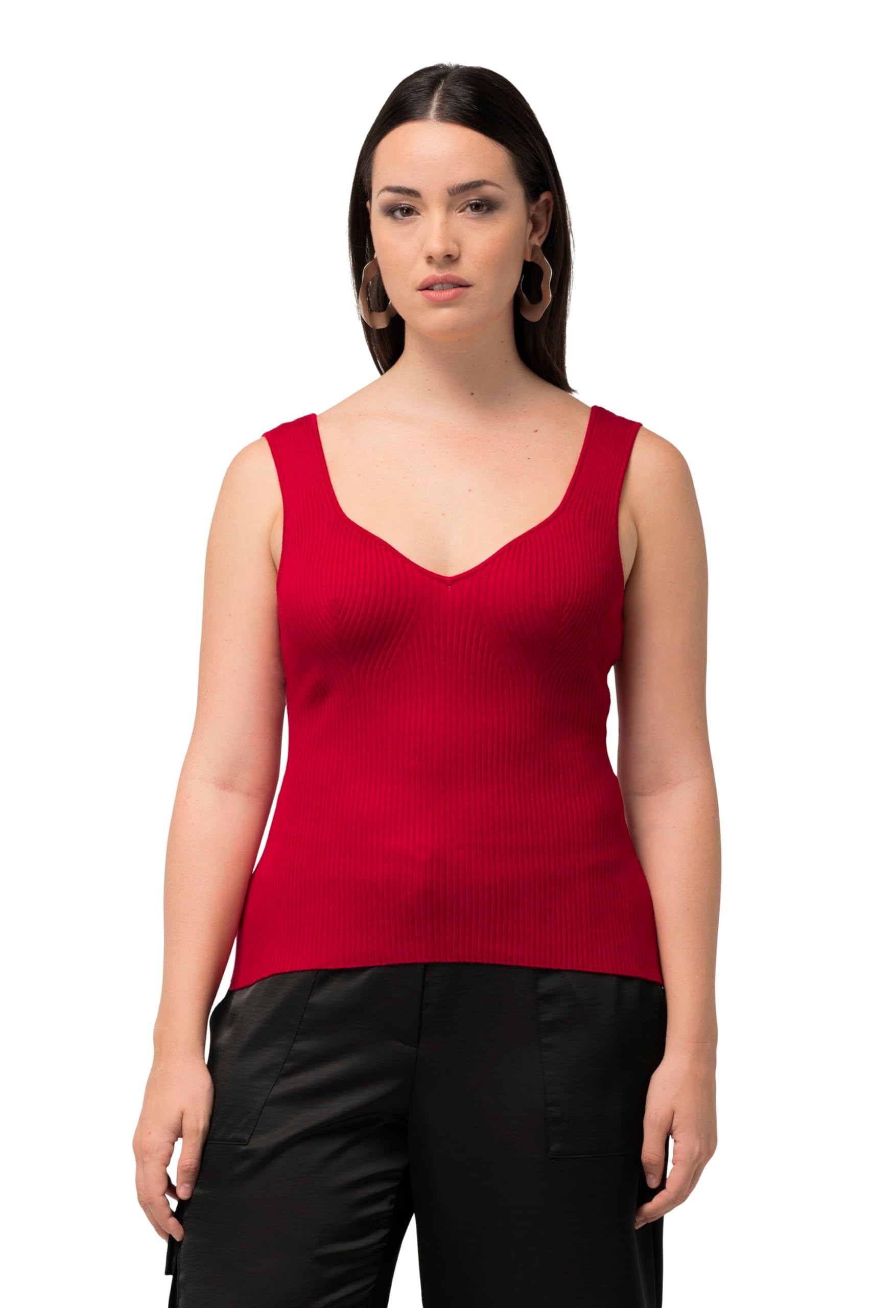 Ulla Popken Top dal Taglio Aderente e Smanicato con Scollo a Cuore e Costine 825429