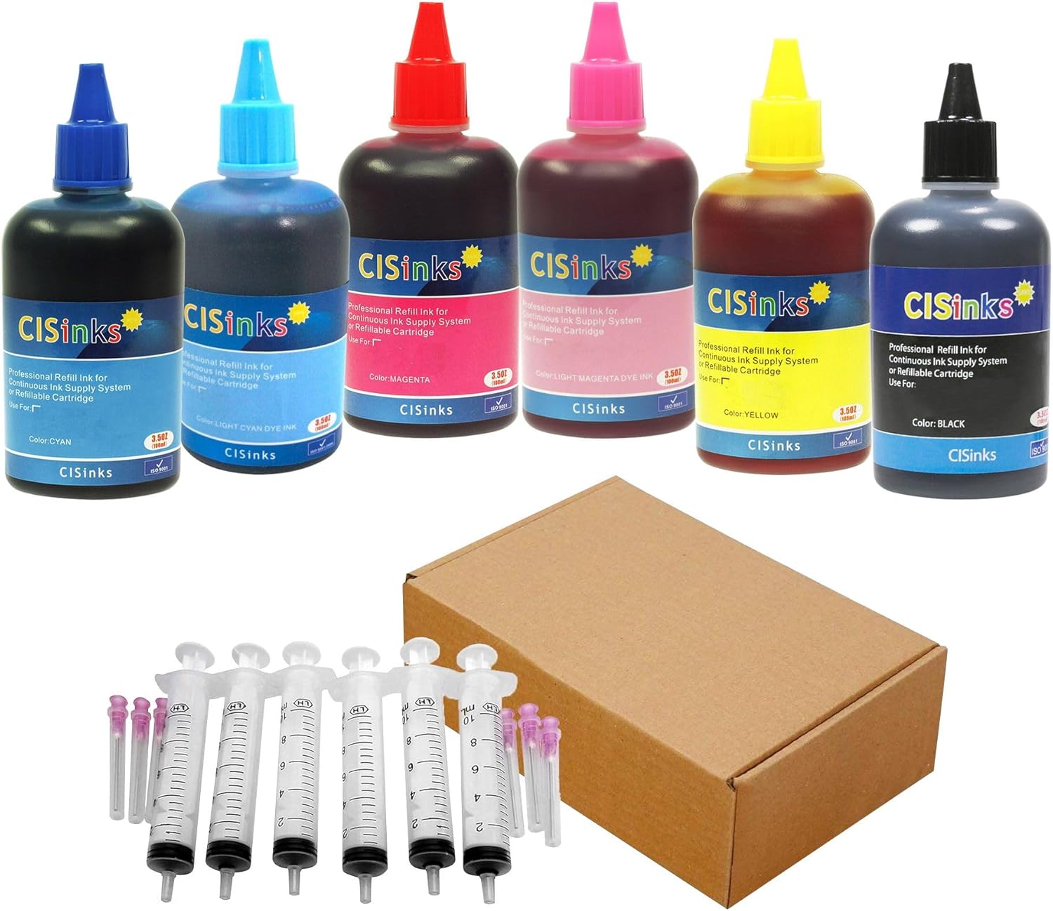 Standard Universal Black Refill Ink - 600 ml (16.9 oz) Dye-Based Ink for All Printers B, Y, M, LM, C, LC + Refill Tool Kits Blunt Injectors