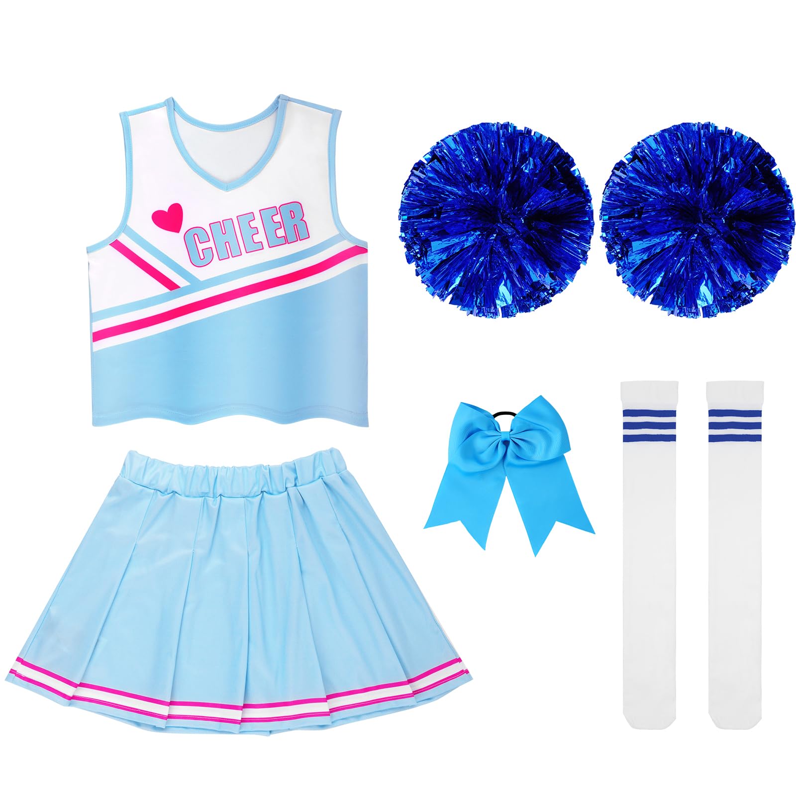 DiULi Kostium cheerleaderki dla dziewczynki, kostium cheerleaderki, klasyczny strój cheerleaderki, 5-częściowy zestaw z pomponami, bluzką, spódnicą, skarpetkami i opaską na głowę, do fantazyjnego
