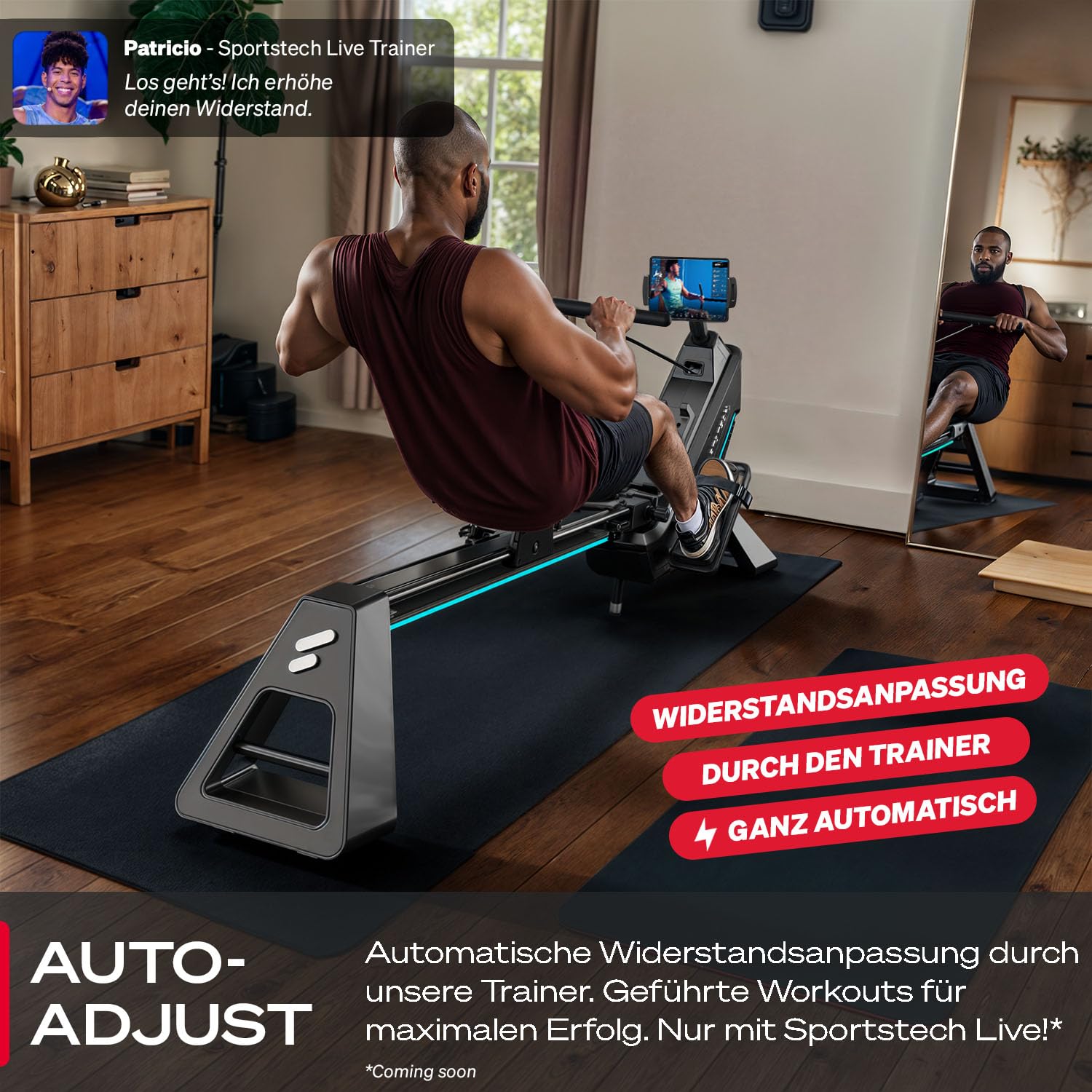 Sportstech sRow Lite Rudergerät für Zuhause klappbar, leises Magnetbremssystem, 24 Widerstandsstufen, LED-Knob-Display mit Feedback, Sportstech Live App, drehbarer Tablethalter, Rudermaschine