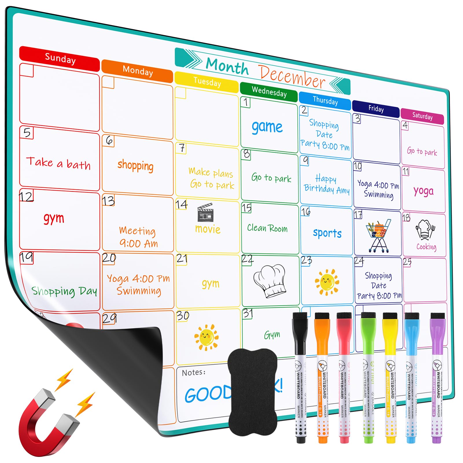 MaxGear Monthly Magnetic Calendar for Fridge, 16" X 12" Fridge Calendar Whiteboard, Reusable Magnetic Dry Erase Calendar White Board Planner for Refrigerator with 7 Fine Point Markers, 1 Eraser