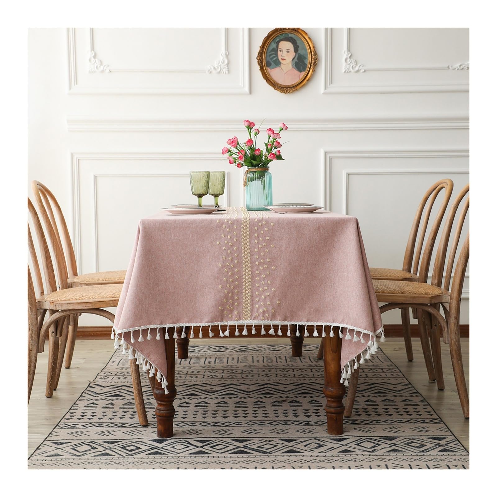 Nappe de table anti tache or rose 90x90 avec franges protectrice