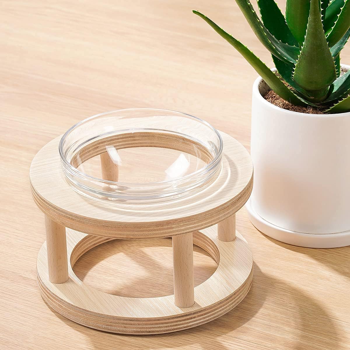 Wooden Raised Pet Bowls Stand for Small Size Dogs and Cats Handmade Elevated Pet Feeders with a Removable Transparent Glass Bowls Dog…