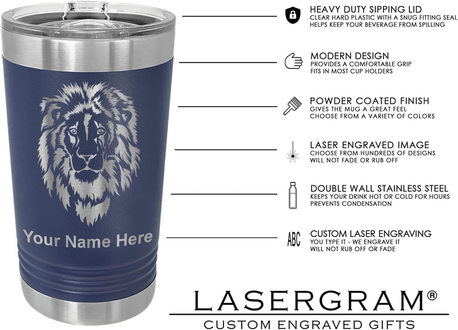 LaserGram 16oz Vacuum Insulated Pint Tumbler, Flute, Personalized Engraving Included (Navy Blue)