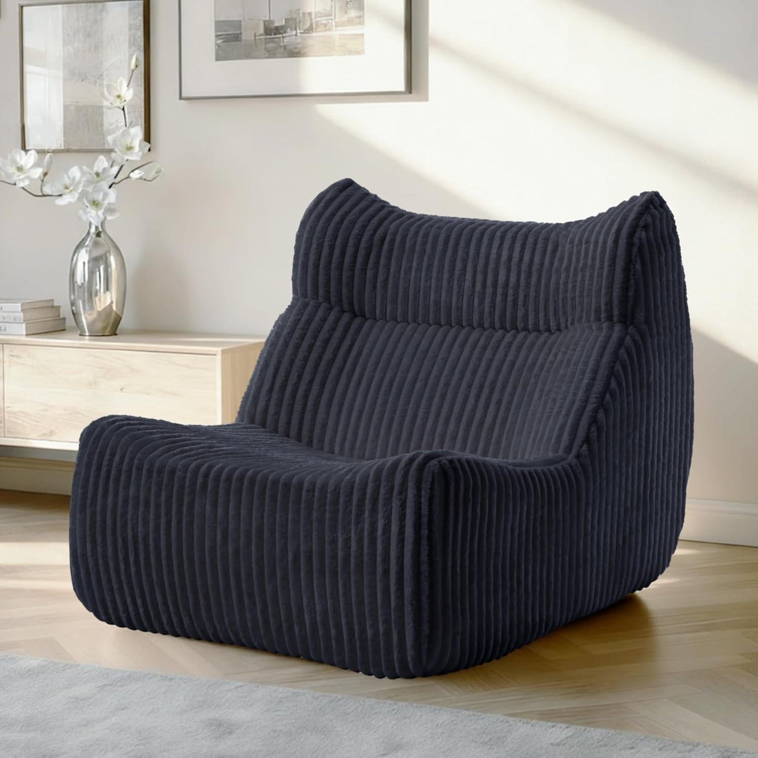 Lazy Floor Sofa, Big Bean Bag Chairs, Fireside Chair for Living Room, Bedroom, Office (Black, Single Seat)