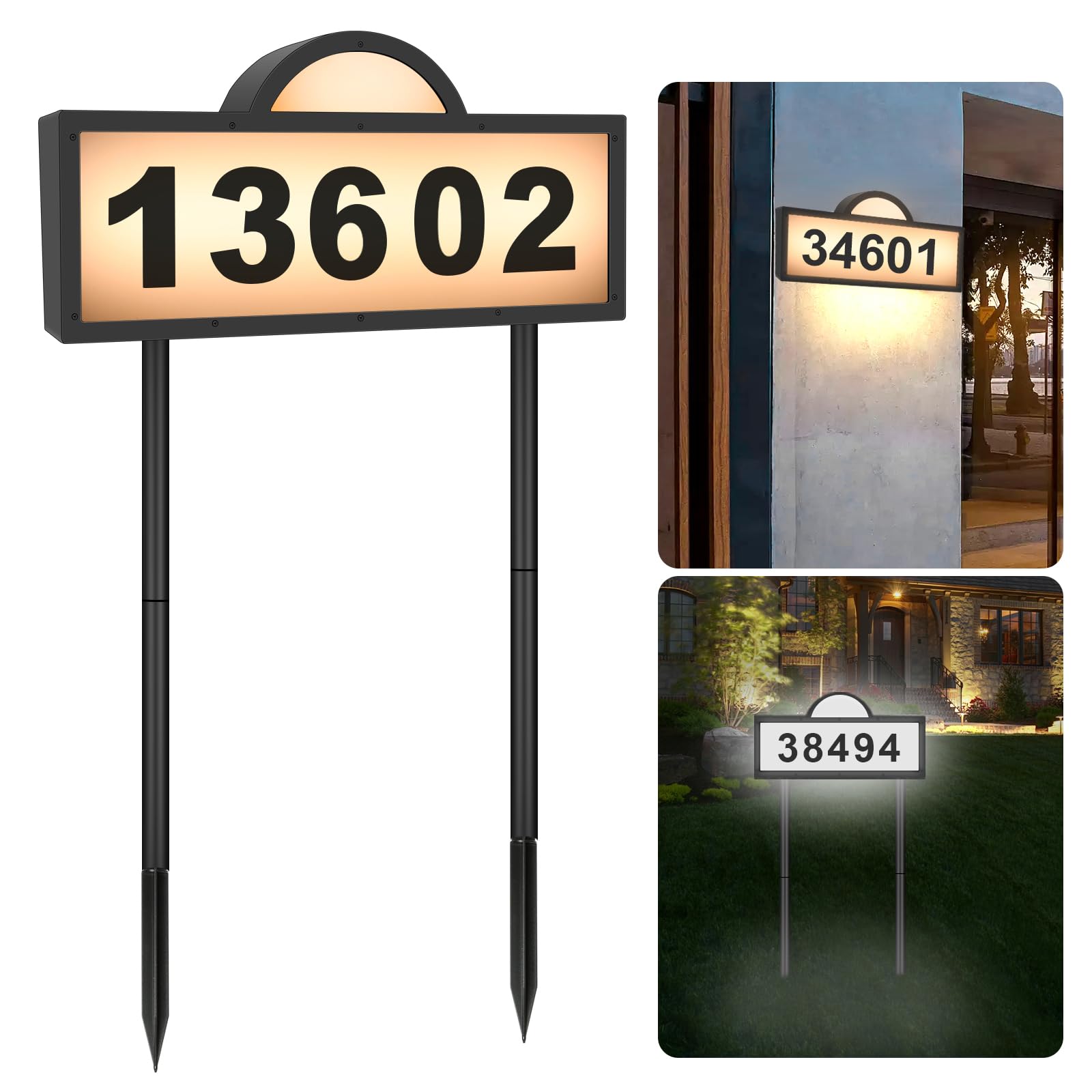 LED Solar Address Sign, Address Numbers for Yard with 2 Colors, Warm White & Cool White, IP 65 Waterproof House Numbers Sign for Outside, Wall Mounted/In Ground Solar House Number kit
