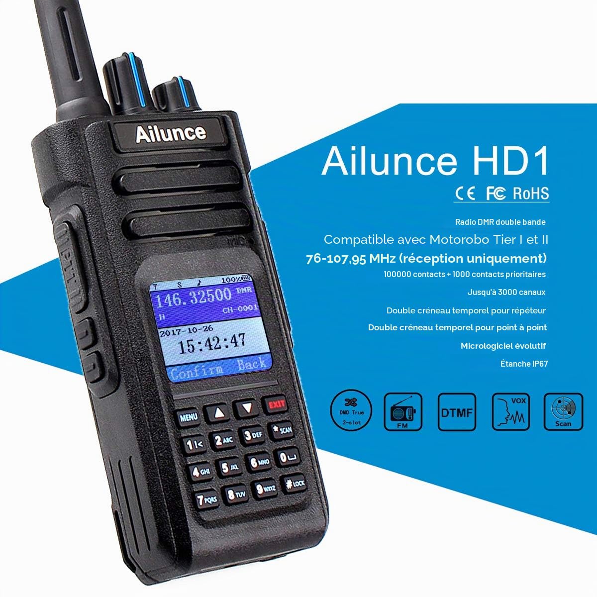 Retevis Ailunce HD1 10W DMR Radio Amateur, GPS, Double Bande, Walkie Talkie Numérique Bidirectionnelle, Batterie de Type C 3200 mAh, Etanche IP67, Compatible avec Radio Amateur (1 Pièce, Noir)