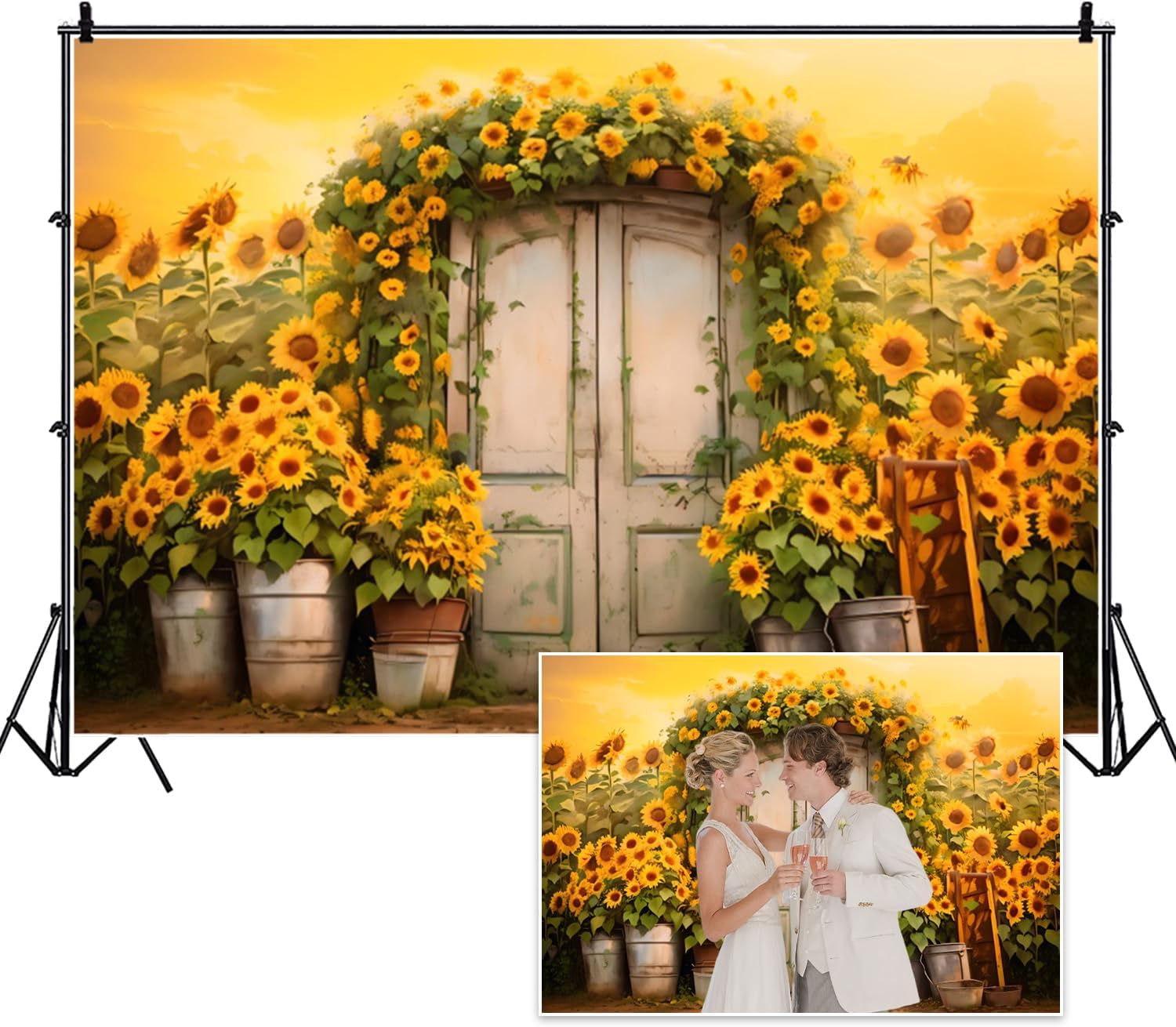 10x8ft Sunflower Backdrop Vintage Yellow Flowers Background Rustic Old Wooden Door Countryside Farm Photography Banner for Mothers Day Wedding Bridal Shower Womens Day Birthday Party Decor 10x8ft-polyester