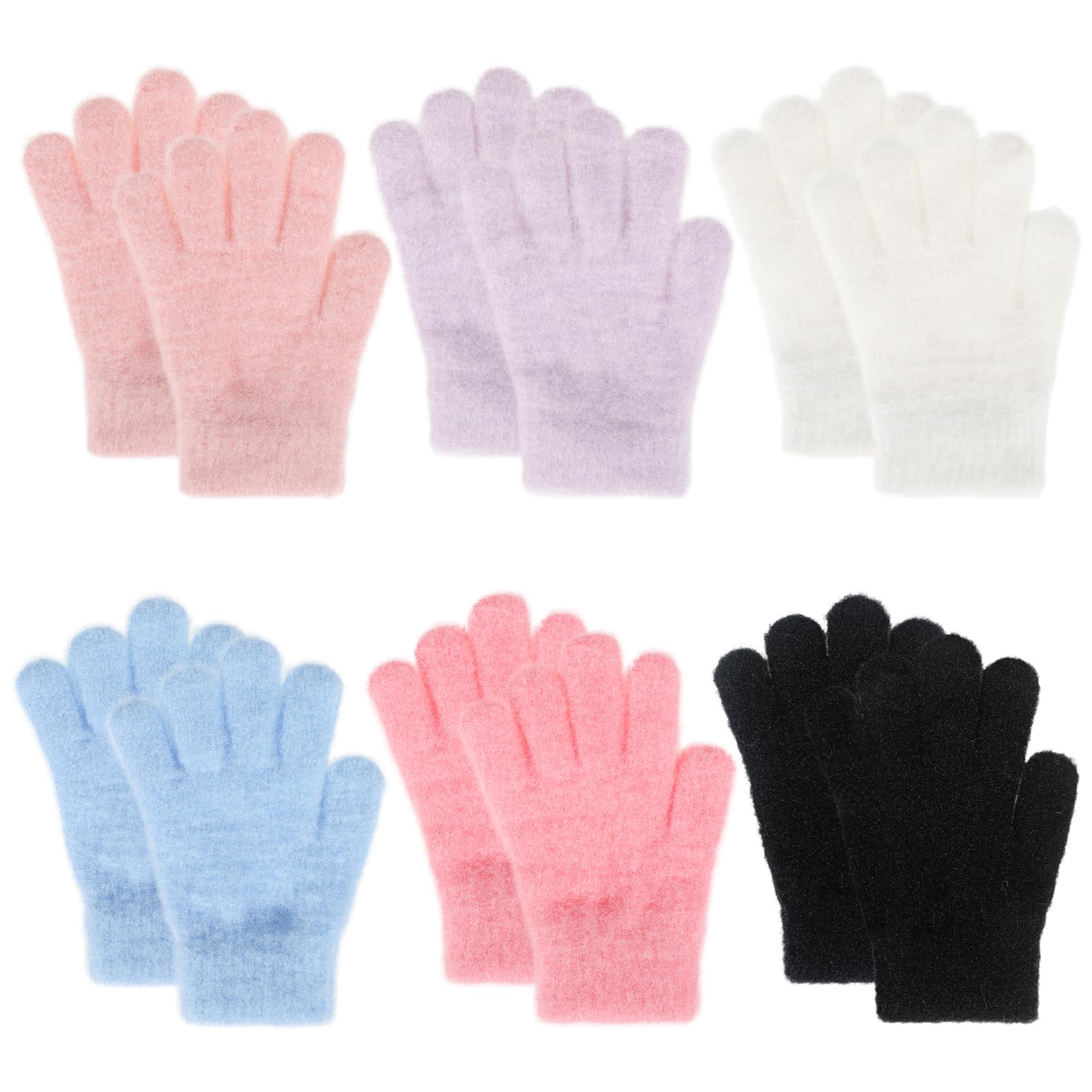 QKURT 6 Pares de Guantes Cálidos de Invierno para Niños, Guantes Infantiles de Colores Lisos con Dedos Completos, Guantes Elásticos de Invierno para Niños y Niñas de 4 a 10 años