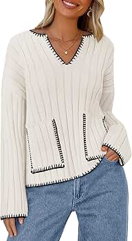 NENONA Women's 2024 V Neck Ribbed Knit Sweaters Striped