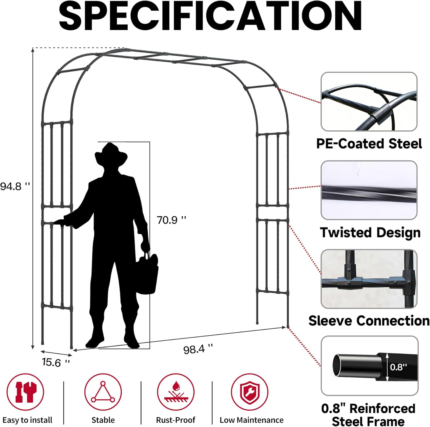 Connectable Garden Arch Trellis- 98.4‘‘L×94.8’’H Rust-Proof Metal Driveway Archway | Heavy Duty Arbor for Climbing Plants Outdoor, Garden Arch for Lawn, Party, Ceremony Wedding Decoration