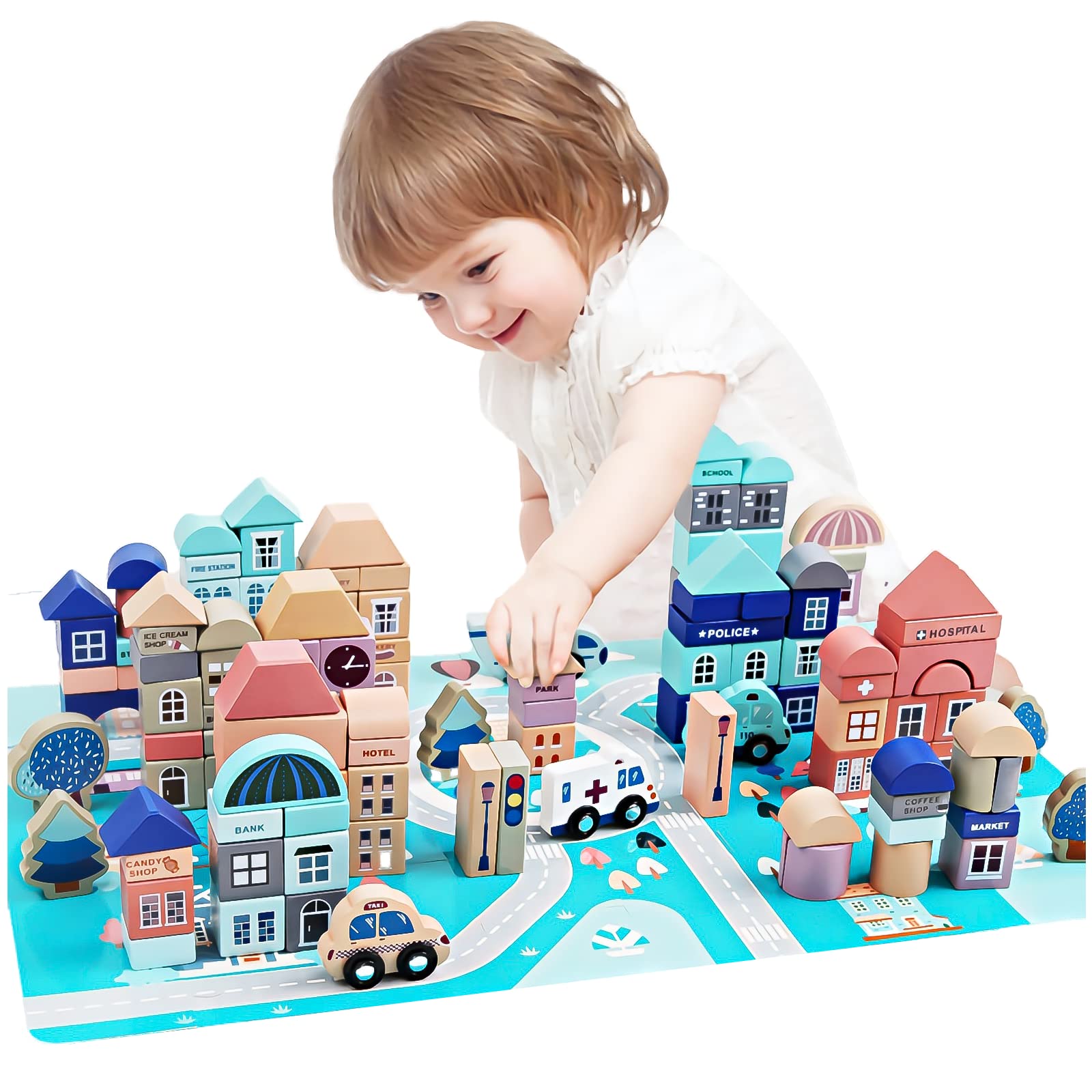 Wooden Building Blocks Set for Toddlers, 133 Pieces City Construction and Shapes Montessori Stacking Toy with 48 Pieces Double-sided Play Mat Puzzle and Storage Bucket + Bag for Kids 3 4 5 Years Old