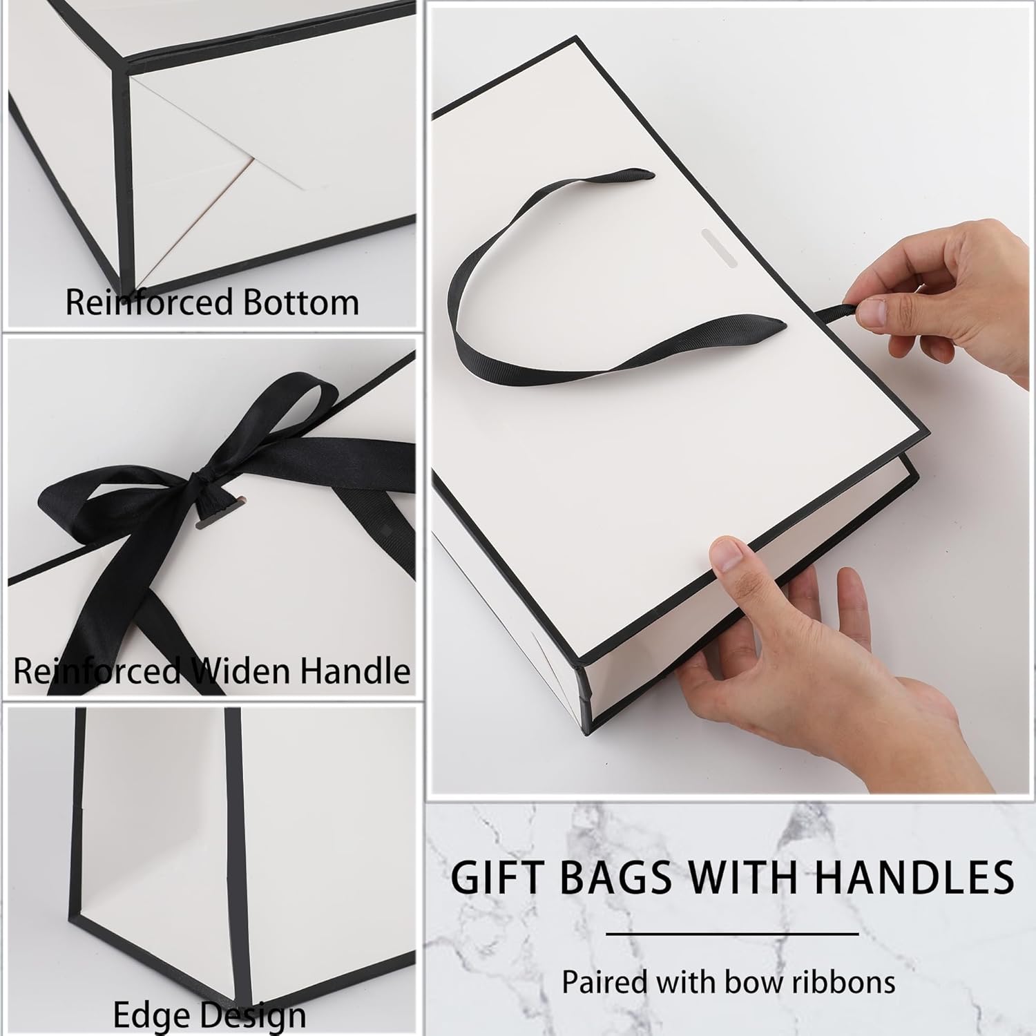 STOBOCTER 6 Pcs Elegant Paper Gift Bags with Handles 12.6x4x9.1'' Thank You Gift Bags with Bow Ribbon Gift Wrap Bags for Wedding Bridesmaid Groomsmen Party Baby Shower Birthday Gifts(White, Black) - Image 6