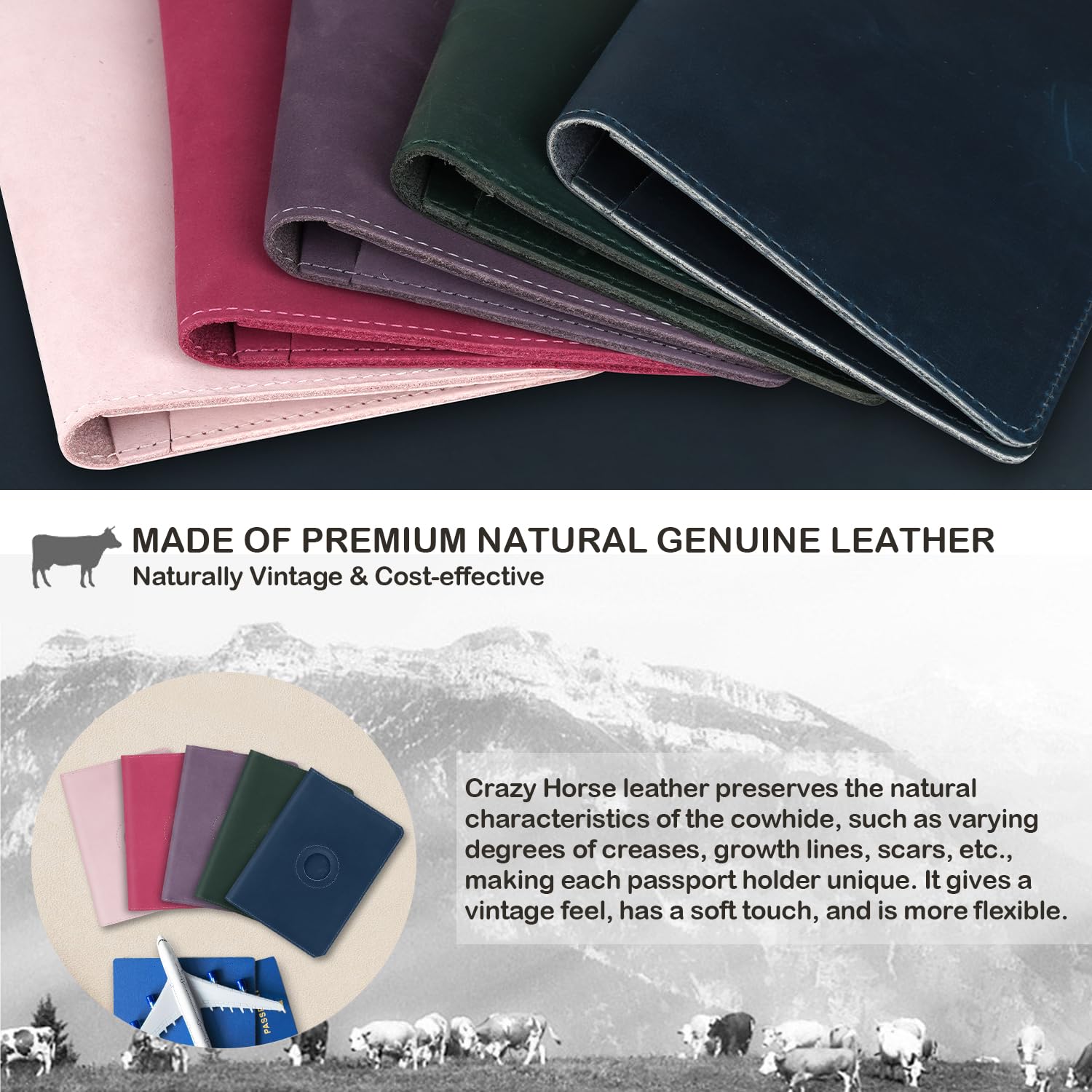 Airtag - Custodia per passaporto, per donne e uomini, in vera pelle, fatta a mano, con slot per Airtag, accessori essenziali da viaggio, regalo di compleanno (cavallo pazzo, viola), Viola, Per Airtag